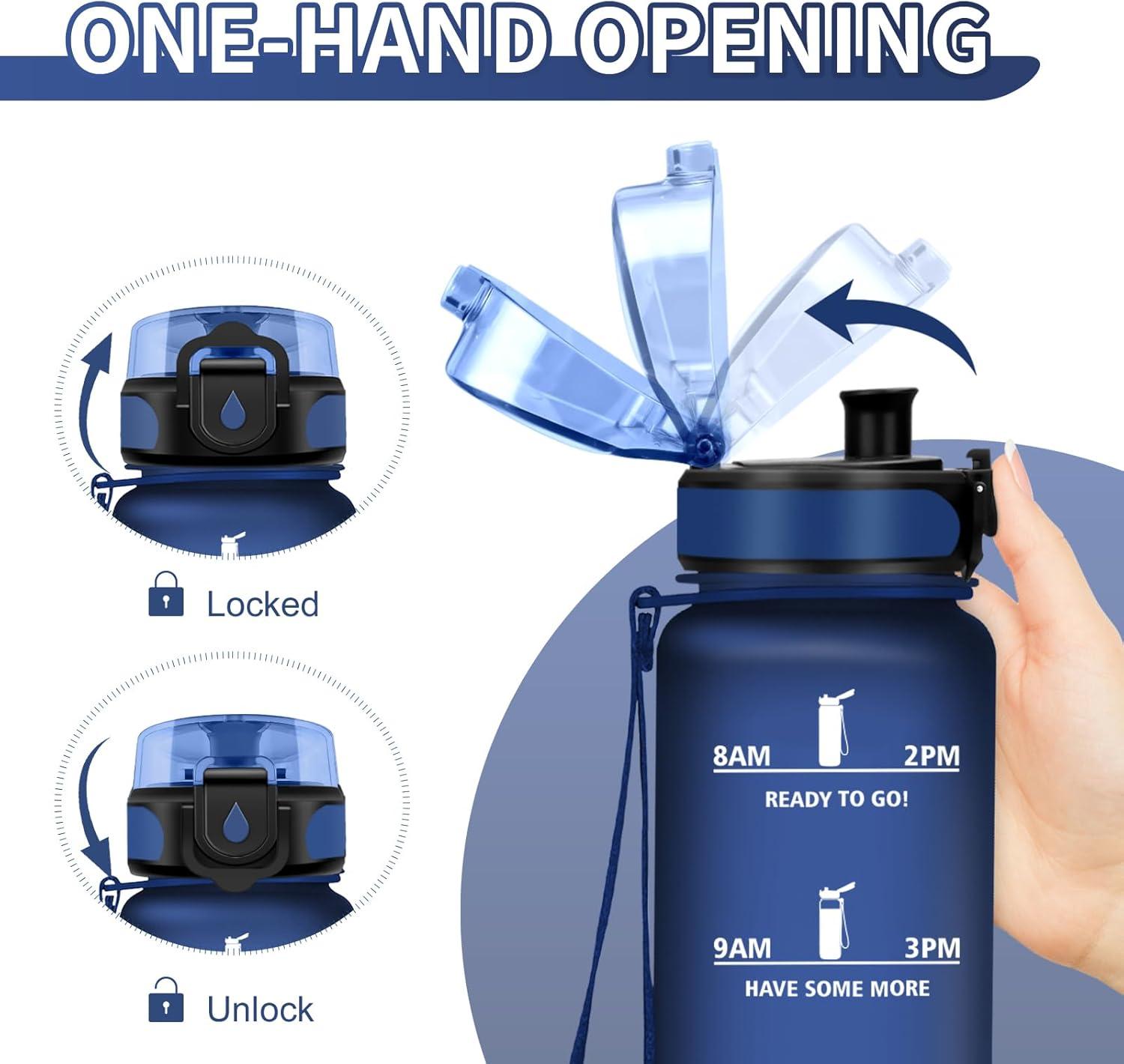 image:imageGourde Sport 1L Gourde Gym sans BPA tanche et Rutilisable Bouteille deau avec Marqueur de Temps et Filtre Gourdes pour Enfant Adulte Garon Fille lcole Camping Gym Sport Yoga32oz1000ml Mat Marine Bleu