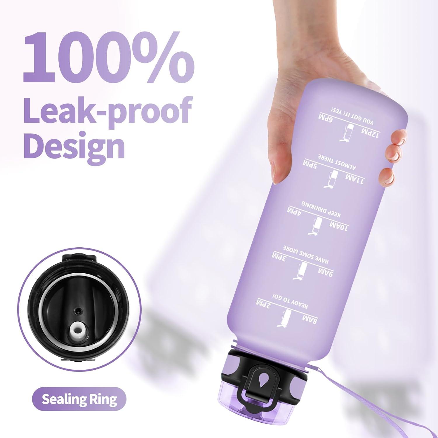 image:imageGourde Sport 1L Gourde Gym sans BPA tanche et Rutilisable Bouteille deau avec Marqueur de Temps et Filtre Gourdes pour Enfant Adulte Garon Fille lcole Camping Gym Sport Yoga50oz1500ml Mat Violet Clair
