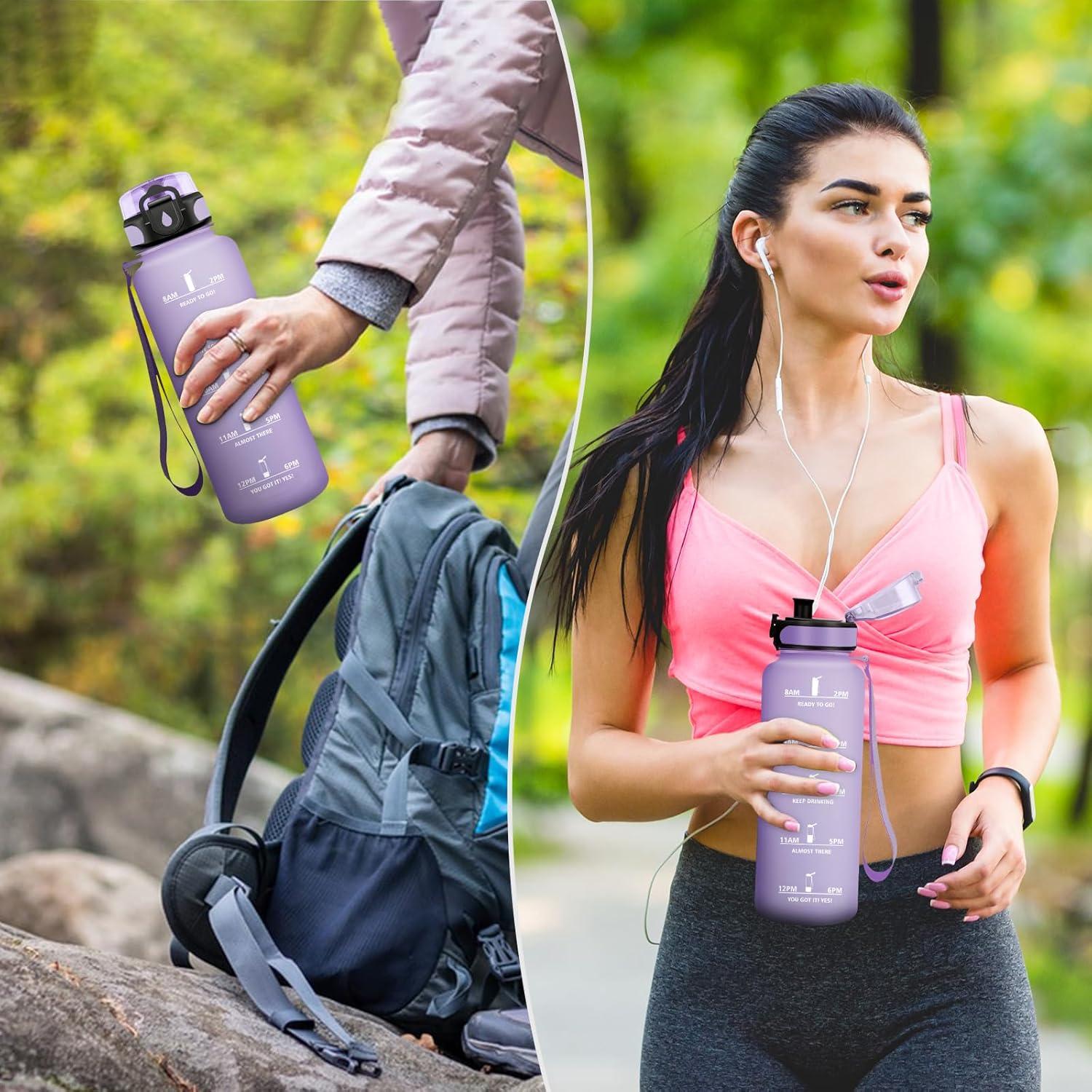 image:imageGourde Sport 1L Gourde Gym sans BPA tanche et Rutilisable Bouteille deau avec Marqueur de Temps et Filtre Gourdes pour Enfant Adulte Garon Fille lcole Camping Gym Sport Yoga50oz1500ml Mat Violet Clair