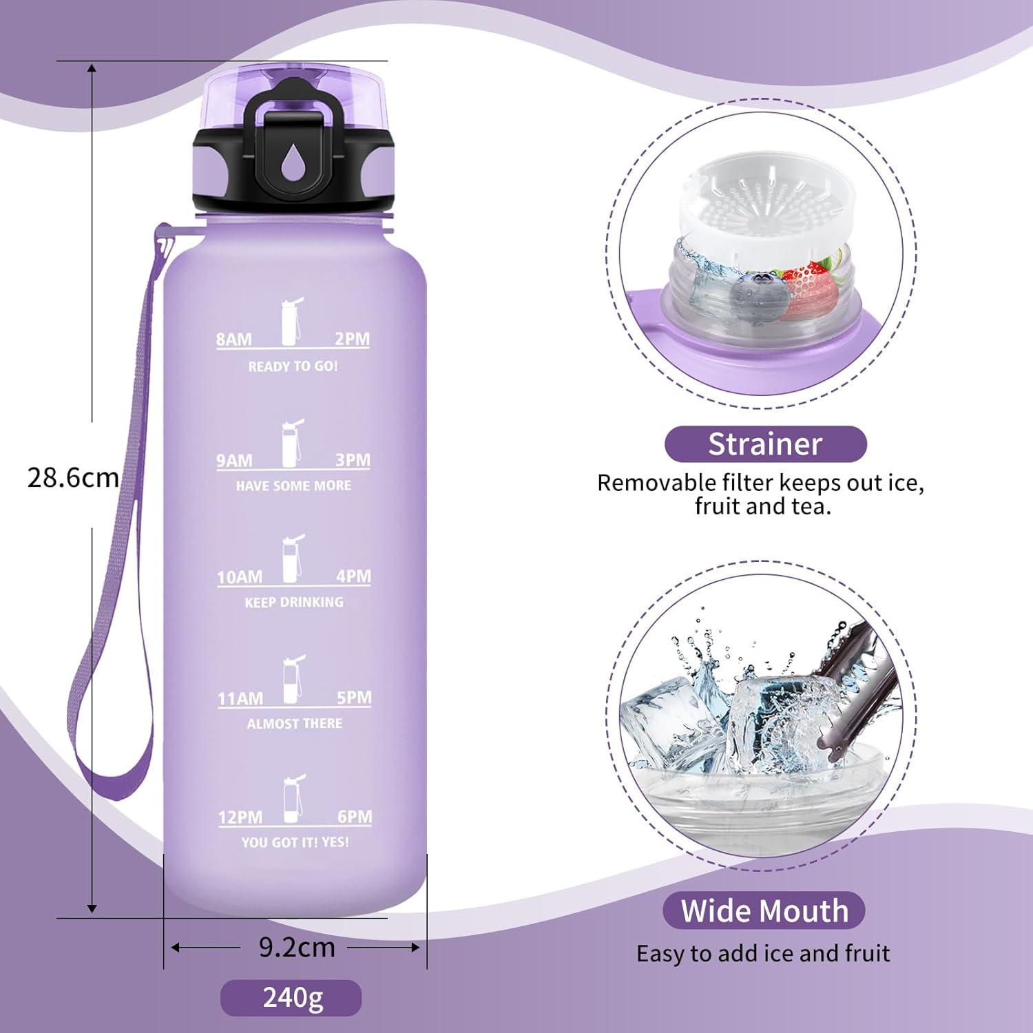 image:imageGourde Sport 1L Gourde Gym sans BPA tanche et Rutilisable Bouteille deau avec Marqueur de Temps et Filtre Gourdes pour Enfant Adulte Garon Fille lcole Camping Gym Sport Yoga50oz1500ml Mat Violet Clair