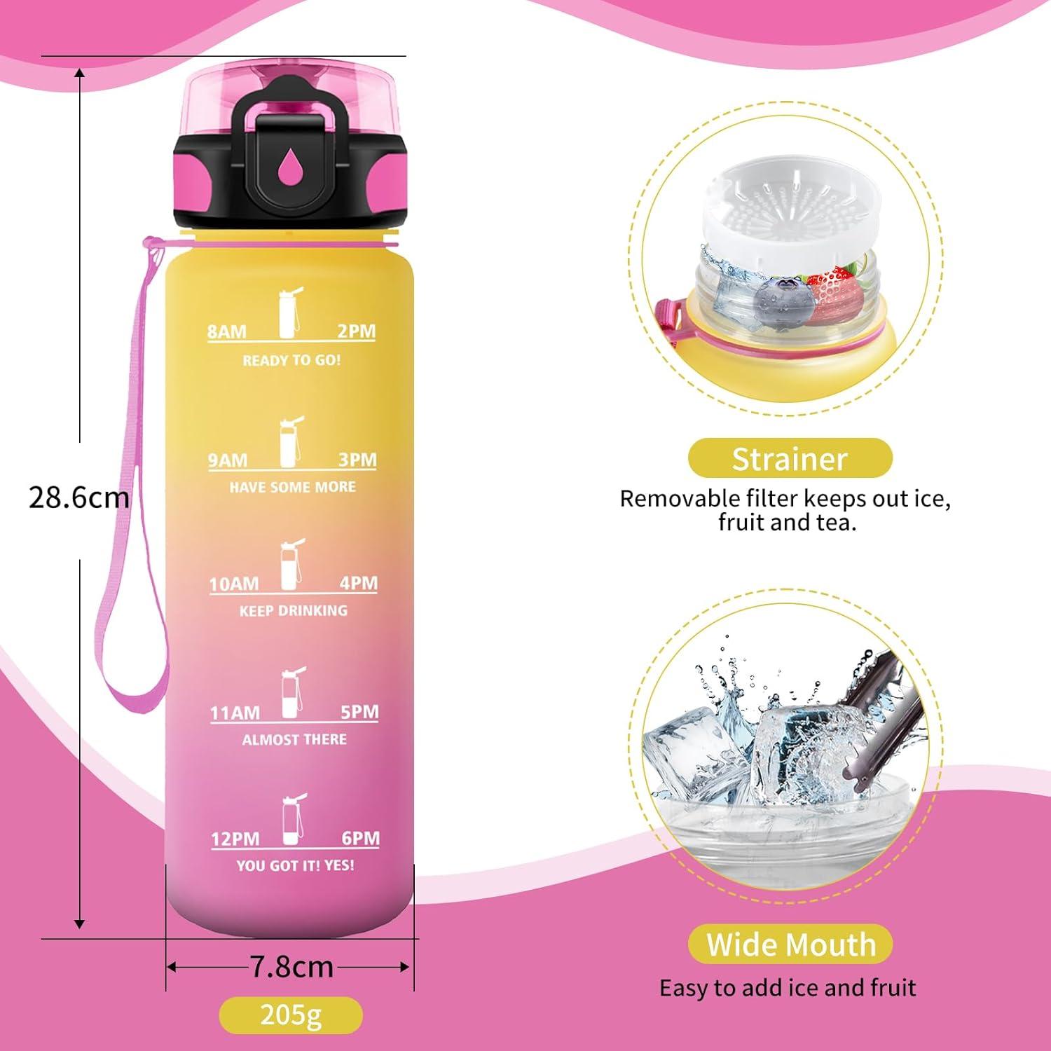 image:imageGourde Sport 1L Gourde Gym sans BPA tanche et Rutilisable Bouteille deau avec Marqueur de Temps et Filtre Gourdes pour Enfant Adulte Garon Fille lcole Camping Gym Sport Yoga32oz1000ml Jaune Rose