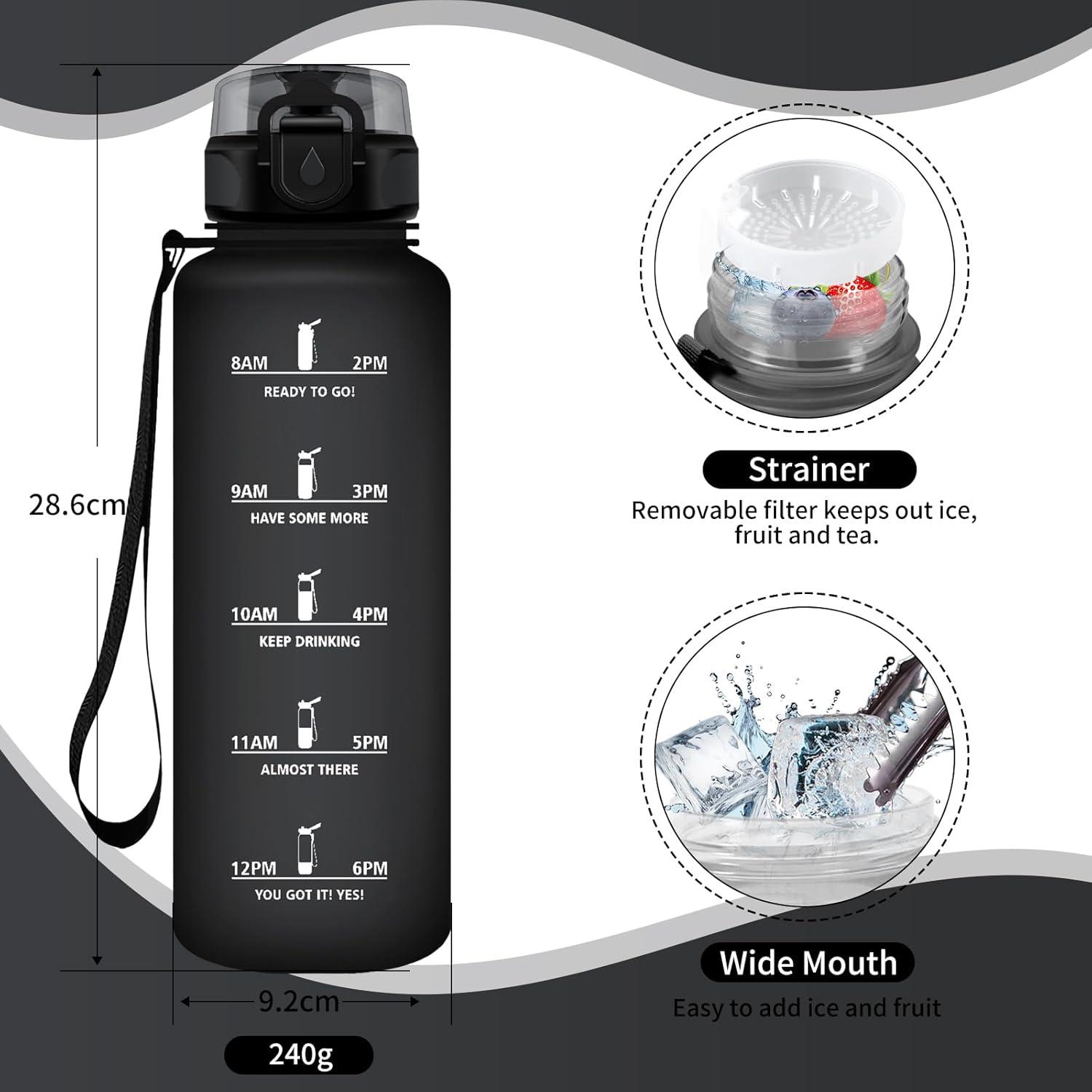 image:imageGourde Sport 1L Gourde Gym sans BPA tanche et Rutilisable Bouteille deau avec Marqueur de Temps et Filtre Gourdes pour Enfant Adulte Garon Fille lcole Camping Gym Sport Yoga50oz1500ml Mat Noir