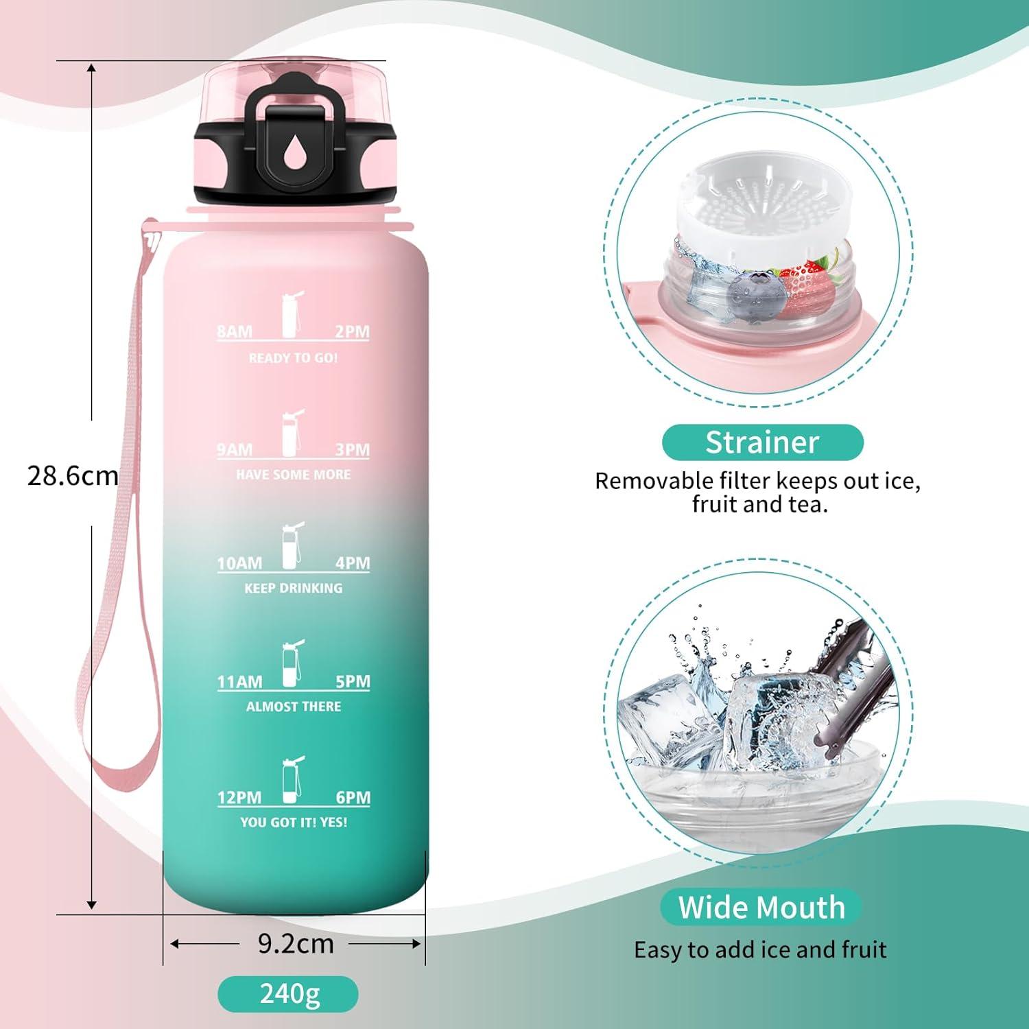 image:imageGourde Sport 1L Gourde Gym sans BPA tanche et Rutilisable Bouteille deau avec Marqueur de Temps et Filtre Gourdes pour Enfant Adulte Garon Fille lcole Camping Gym Sport Yoga50oz1500ml Rose Cyan