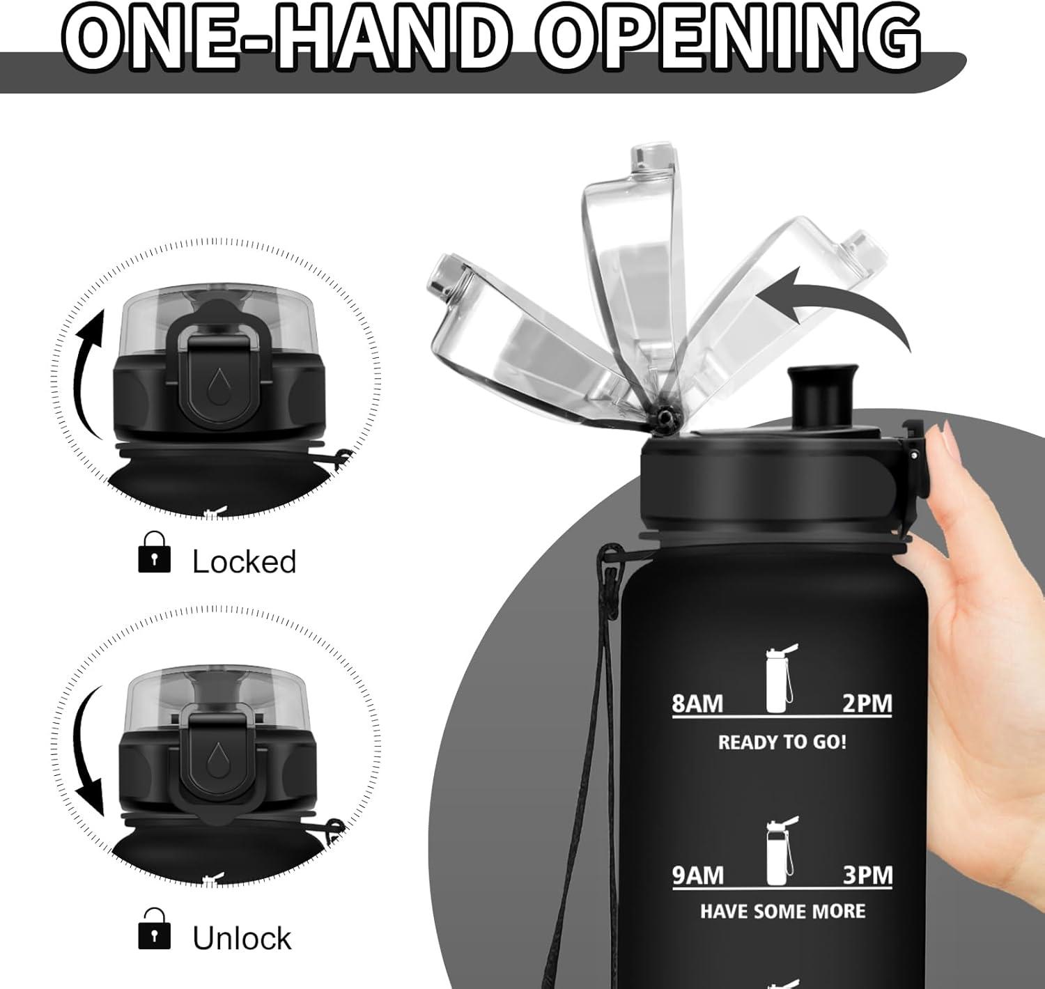 image:imageGourde Sport 1L Gourde Gym sans BPA tanche et Rutilisable Bouteille deau avec Marqueur de Temps et Filtre Gourdes pour Enfant Adulte Garon Fille lcole Camping Gym Sport Yoga32oz1000ml Mat Noir