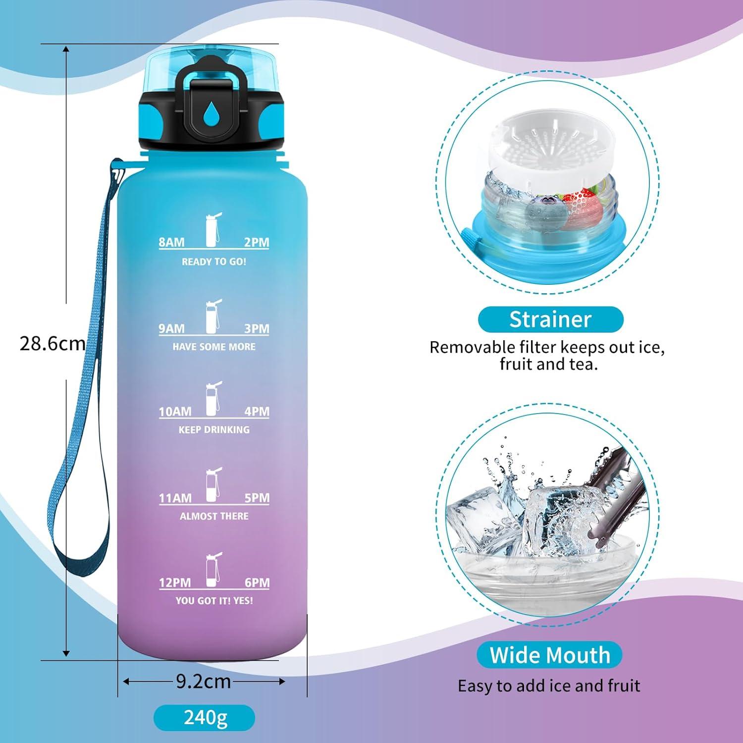 image:imageGourde Sport 1L Gourde Gym sans BPA tanche et Rutilisable Bouteille deau avec Marqueur de Temps et Filtre Gourdes pour Enfant Adulte Garon Fille lcole Camping Gym Sport Yoga50oz1500ml Bleu Lilas
