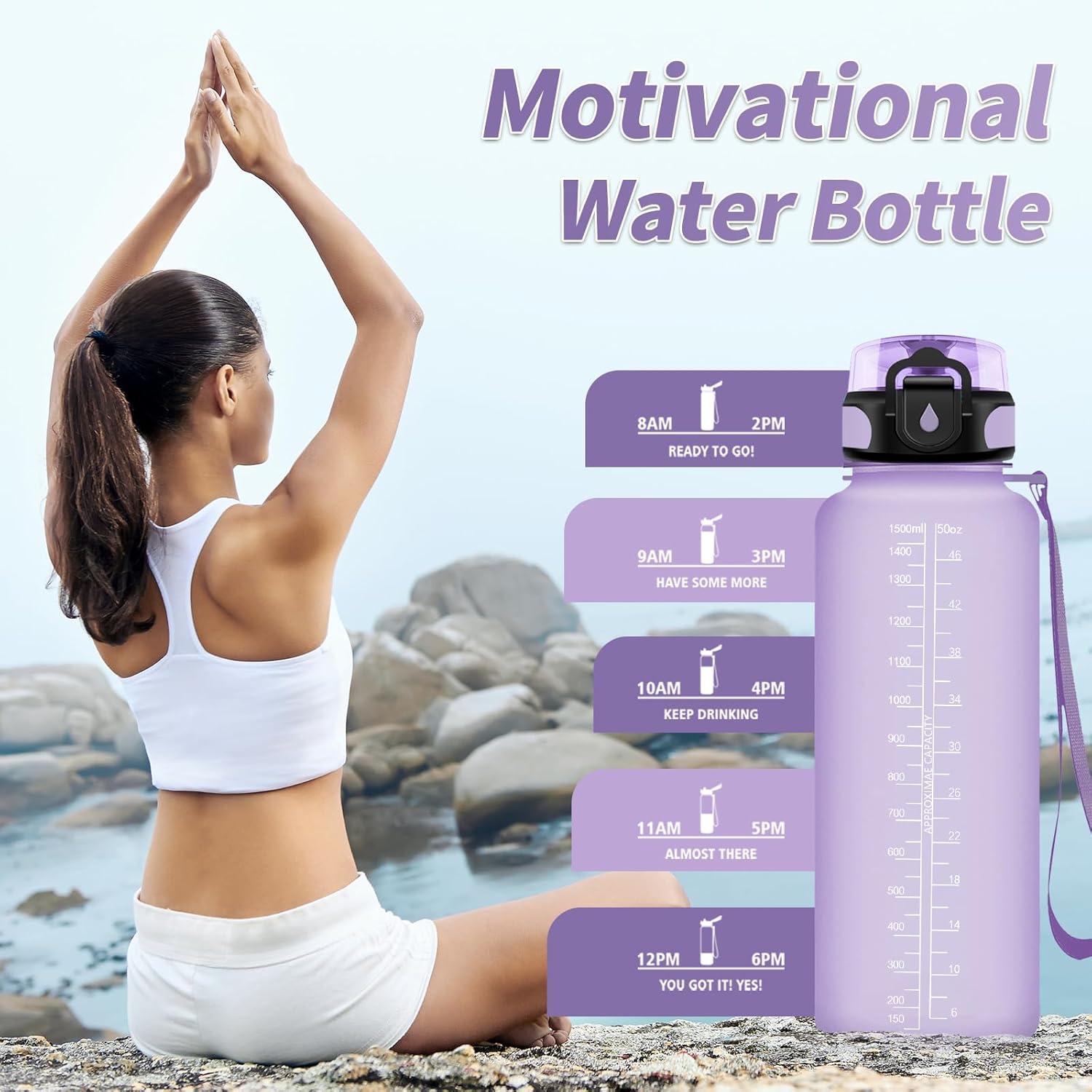 image:imageGourde Sport 1L Gourde Gym sans BPA tanche et Rutilisable Bouteille deau avec Marqueur de Temps et Filtre Gourdes pour Enfant Adulte Garon Fille lcole Camping Gym Sport Yoga50oz1500ml Mat Violet Clair