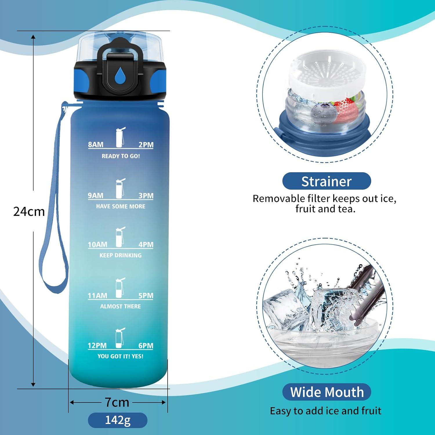 image:imageGourde Sport 1L Gourde Gym sans BPA tanche et Rutilisable Bouteille deau avec Marqueur de Temps et Filtre Gourdes pour Enfant Adulte Garon Fille lcole Camping Gym Sport Yoga17oz500ml Bleu Vert