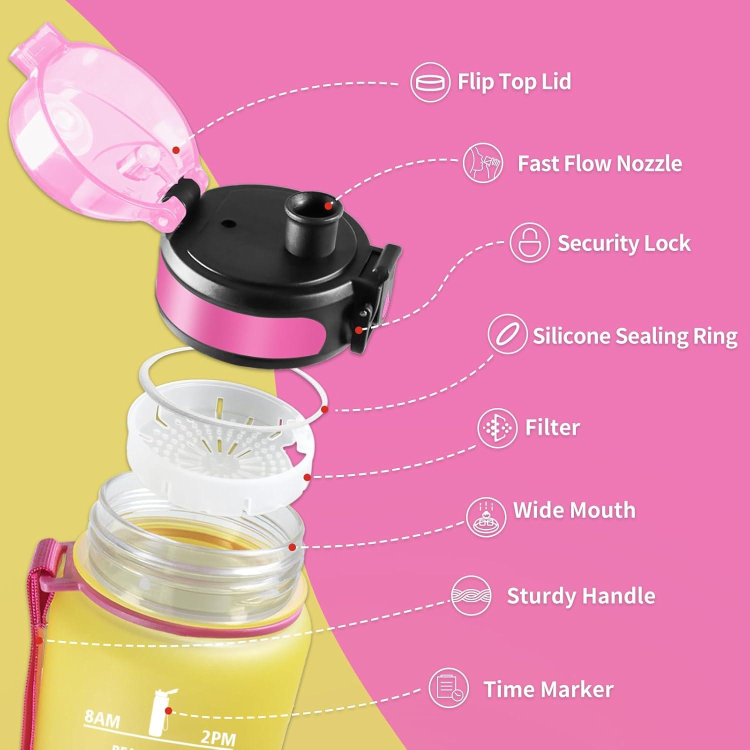 image:imageGourde Sport 1L Gourde Gym sans BPA tanche et Rutilisable Bouteille deau avec Marqueur de Temps et Filtre Gourdes pour Enfant Adulte Garon Fille lcole Camping Gym Sport Yoga32oz1000ml Jaune Rose