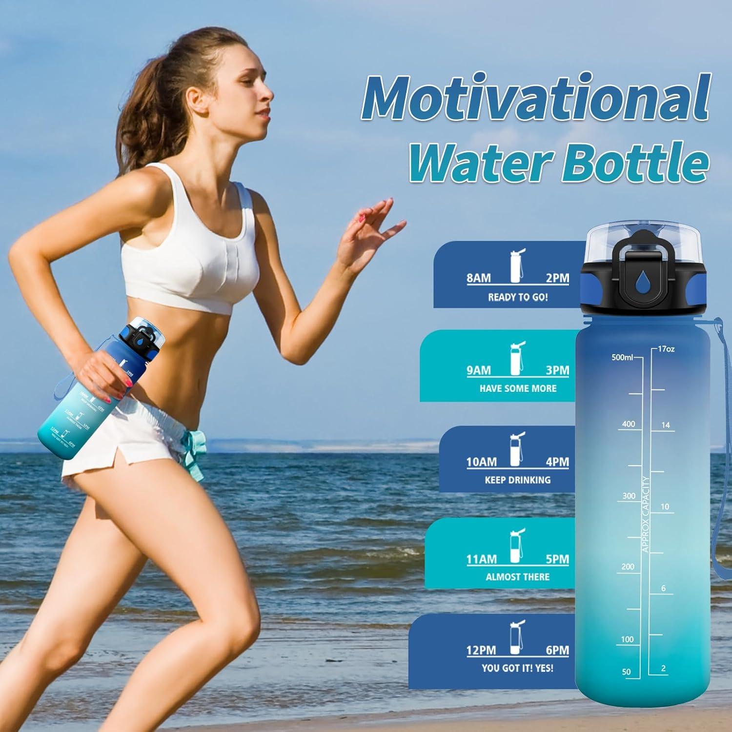 image:imageGourde Sport 1L Gourde Gym sans BPA tanche et Rutilisable Bouteille deau avec Marqueur de Temps et Filtre Gourdes pour Enfant Adulte Garon Fille lcole Camping Gym Sport Yoga17oz500ml Bleu Vert