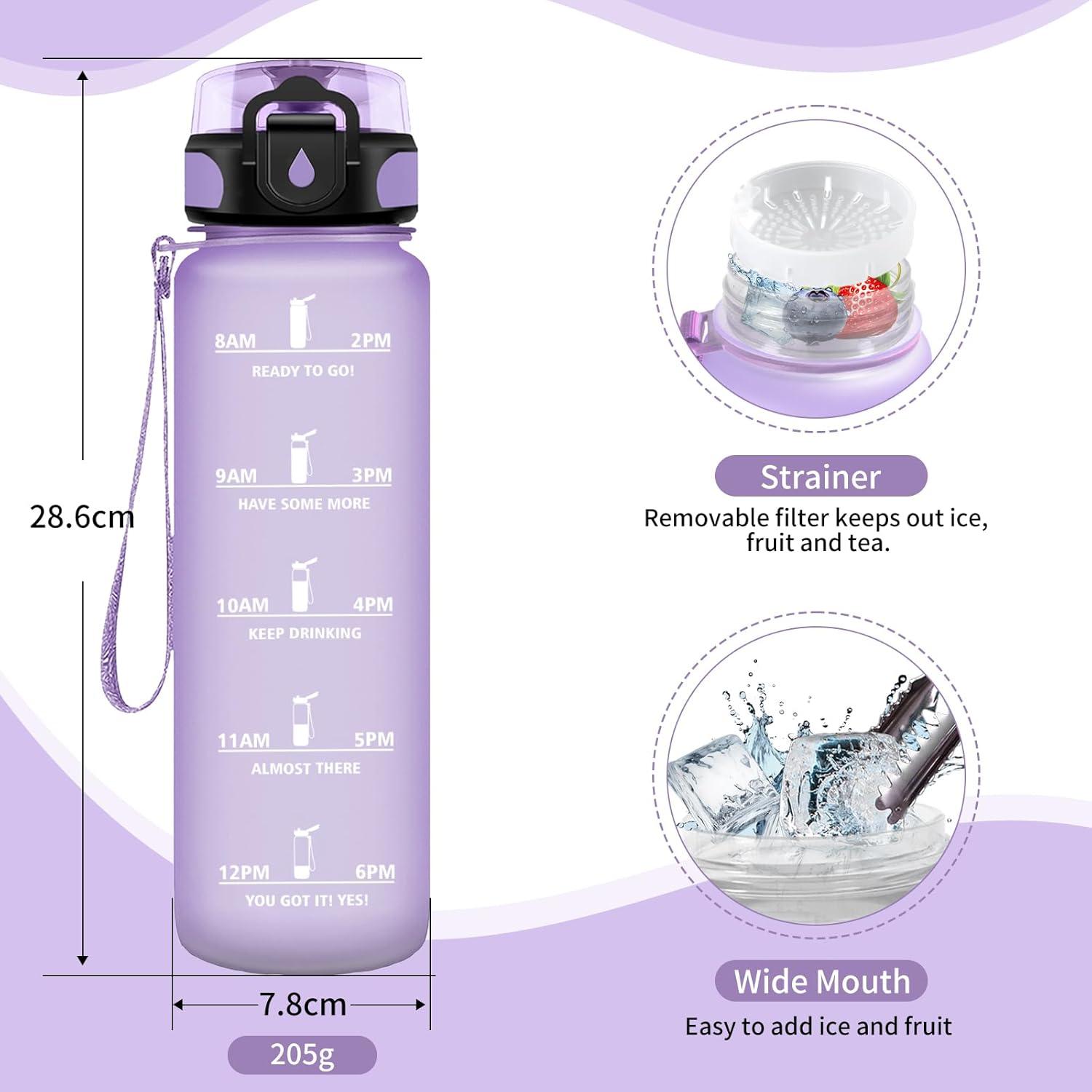 image:imageGourde Sport 1L Gourde Gym sans BPA tanche et Rutilisable Bouteille deau avec Marqueur de Temps et Filtre Gourdes pour Enfant Adulte Garon Fille lcole Camping Gym Sport Yoga32oz1000ml Mat Violet Clair