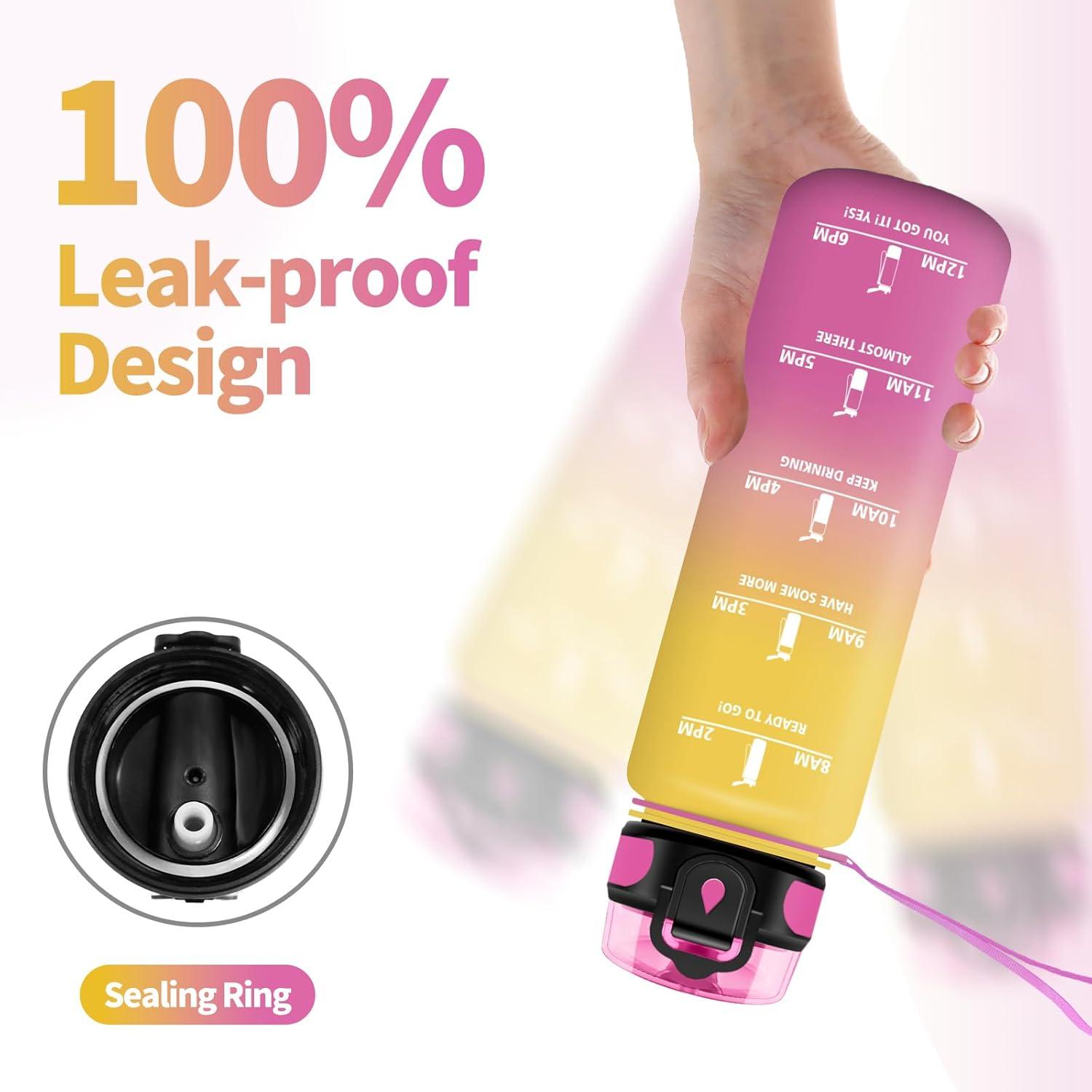 image:imageGourde Sport 1L Gourde Gym sans BPA tanche et Rutilisable Bouteille deau avec Marqueur de Temps et Filtre Gourdes pour Enfant Adulte Garon Fille lcole Camping Gym Sport Yoga17oz500ml Jaune Rose