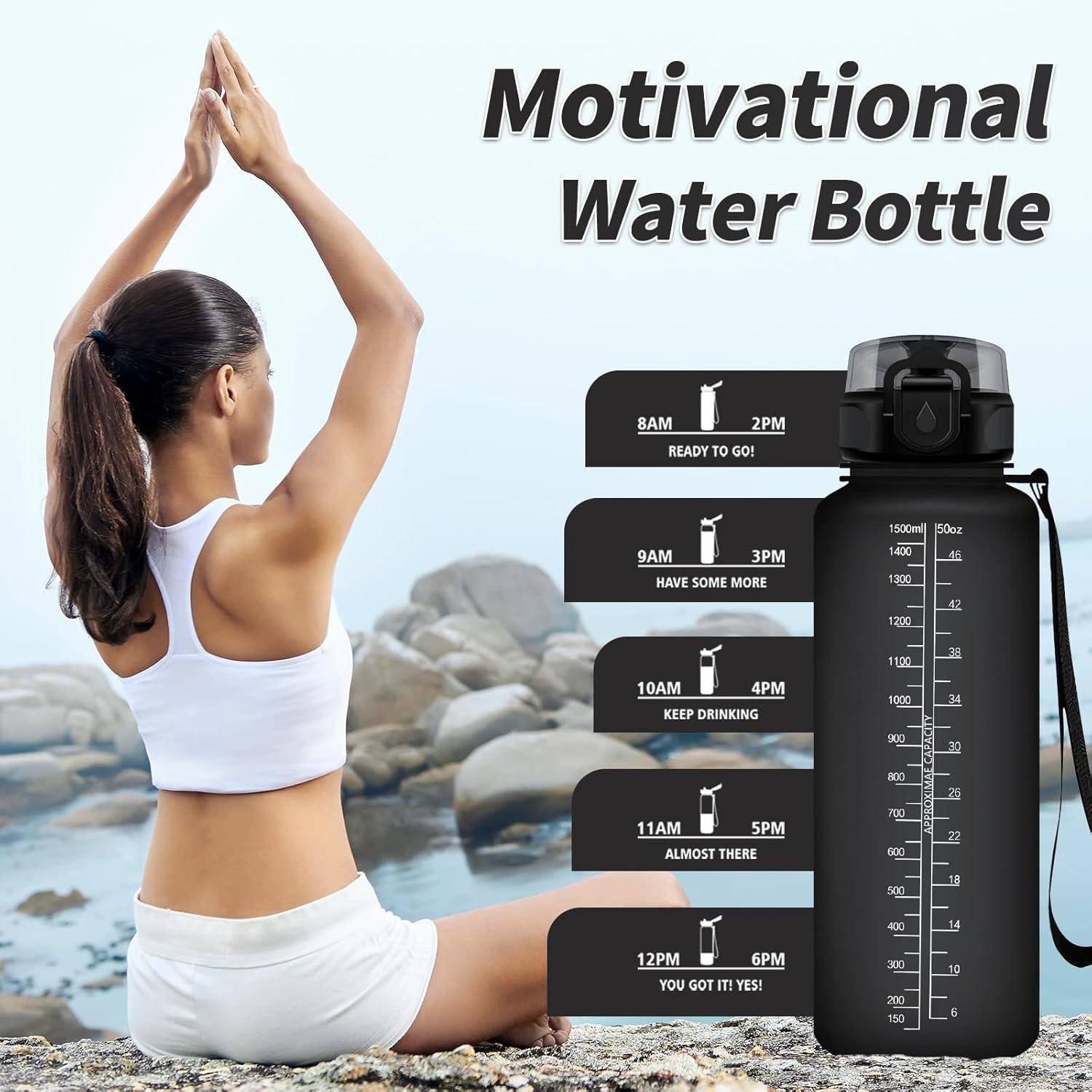 image:imageGourde Sport 1L Gourde Gym sans BPA tanche et Rutilisable Bouteille deau avec Marqueur de Temps et Filtre Gourdes pour Enfant Adulte Garon Fille lcole Camping Gym Sport Yoga50oz1500ml Mat Noir