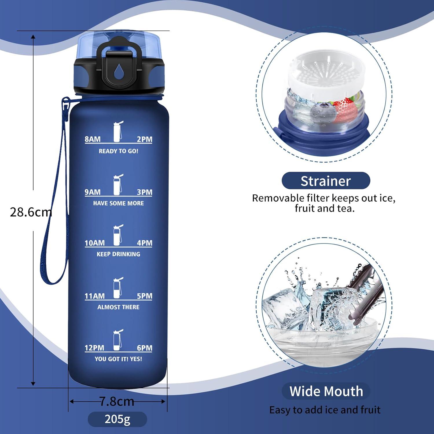 image:imageGourde Sport 1L Gourde Gym sans BPA tanche et Rutilisable Bouteille deau avec Marqueur de Temps et Filtre Gourdes pour Enfant Adulte Garon Fille lcole Camping Gym Sport Yoga32oz1000ml Mat Marine Bleu