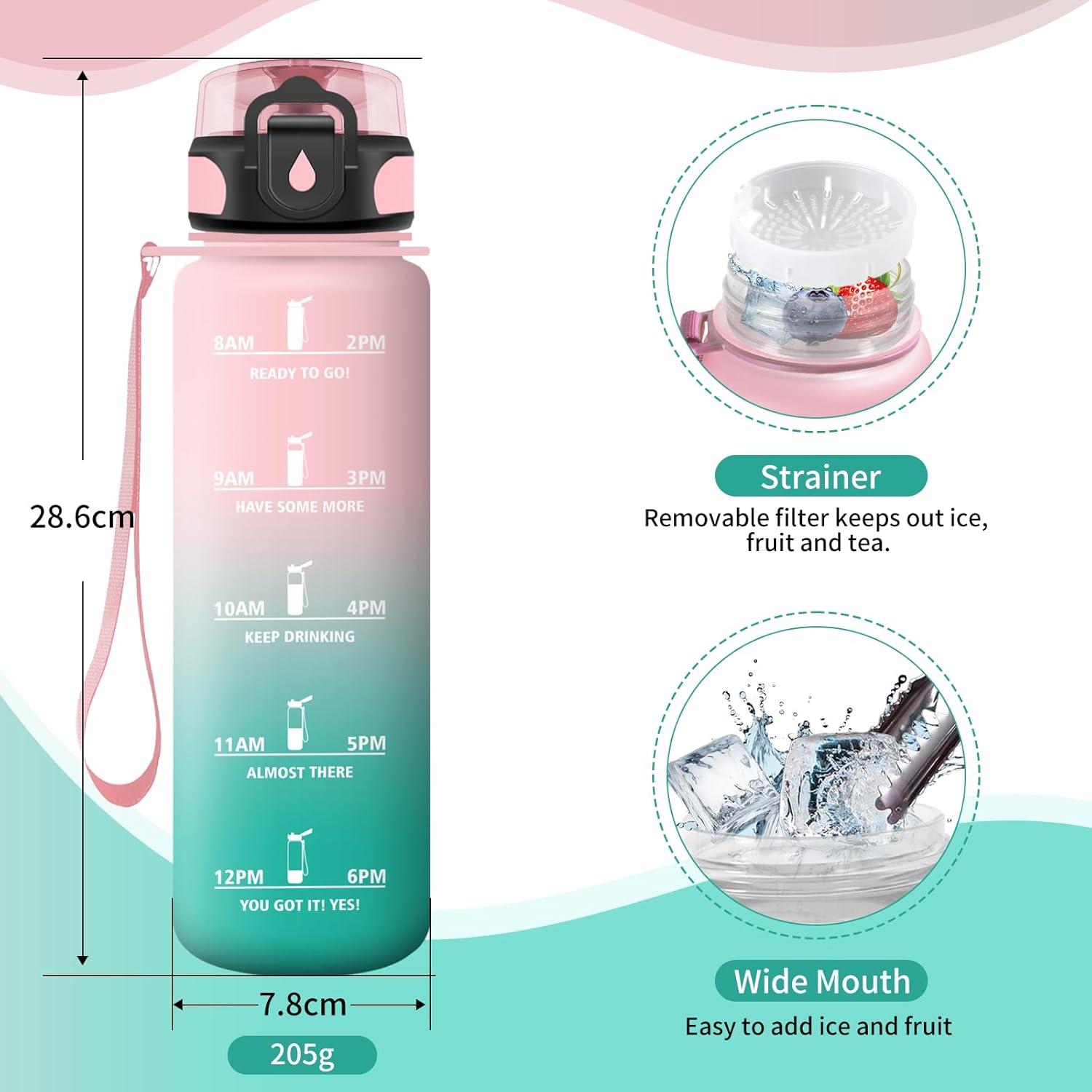 image:imageGourde Sport 1L Gourde Gym sans BPA tanche et Rutilisable Bouteille deau avec Marqueur de Temps et Filtre Gourdes pour Enfant Adulte Garon Fille lcole Camping Gym Sport Yoga32oz1000ml Rose Cyan