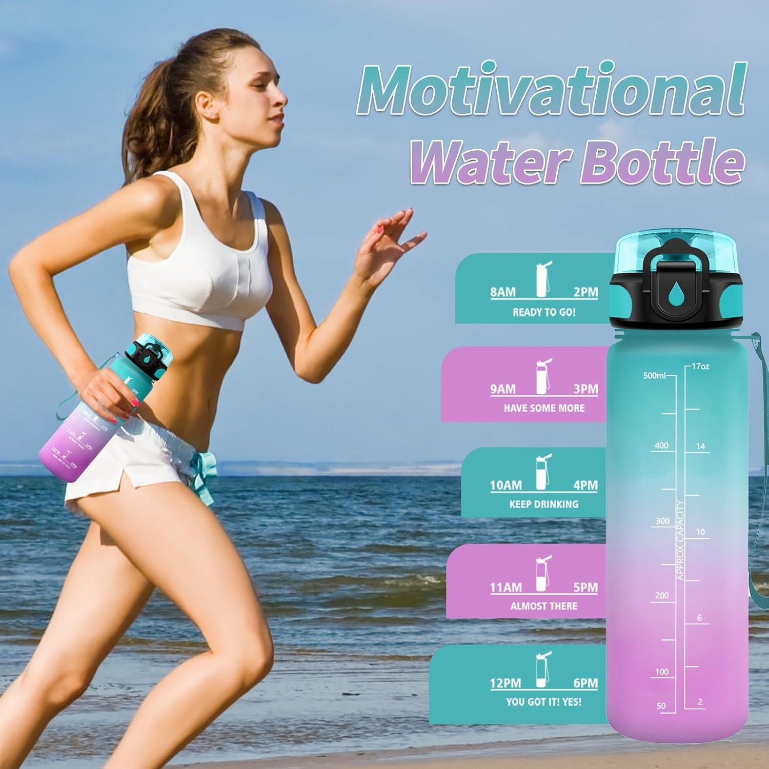 image:imageGourde Sport 1L Gourde Gym sans BPA tanche et Rutilisable Bouteille deau avec Marqueur de Temps et Filtre Gourdes pour Enfant Adulte Garon Fille lcole Camping Gym Sport Yoga17oz500ml Vert Rose Clair