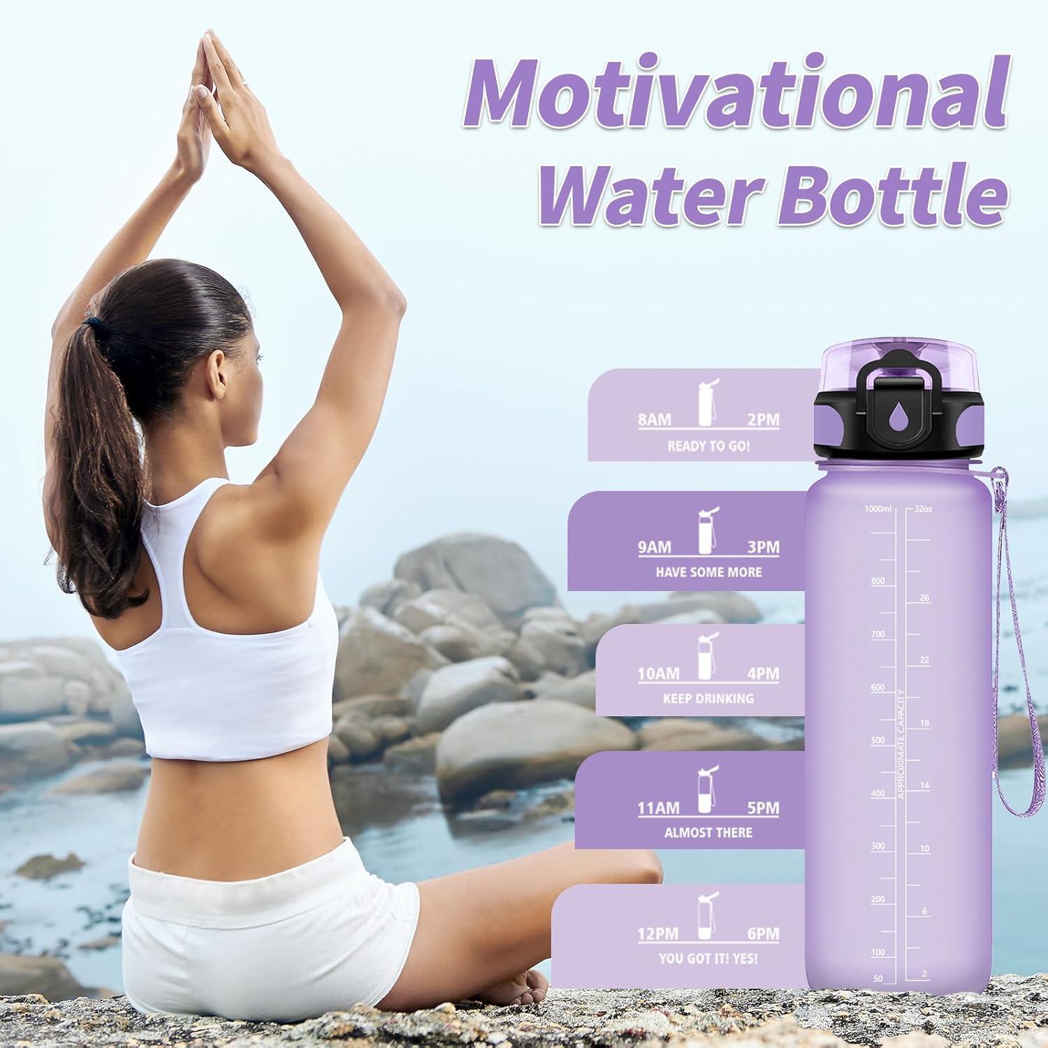 image:imageGourde Sport 1L Gourde Gym sans BPA tanche et Rutilisable Bouteille deau avec Marqueur de Temps et Filtre Gourdes pour Enfant Adulte Garon Fille lcole Camping Gym Sport Yoga32oz1000ml Mat Violet Clair