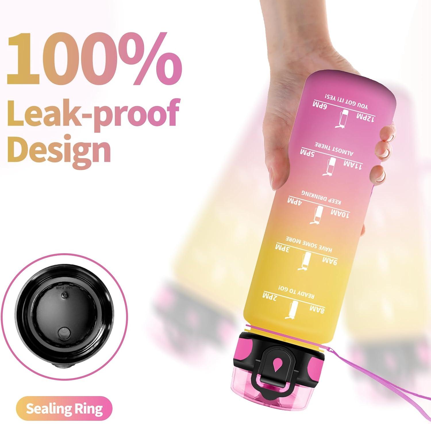 image:imageGourde Sport 1L Gourde Gym sans BPA tanche et Rutilisable Bouteille deau avec Marqueur de Temps et Filtre Gourdes pour Enfant Adulte Garon Fille lcole Camping Gym Sport Yoga32oz1000ml Jaune Rose