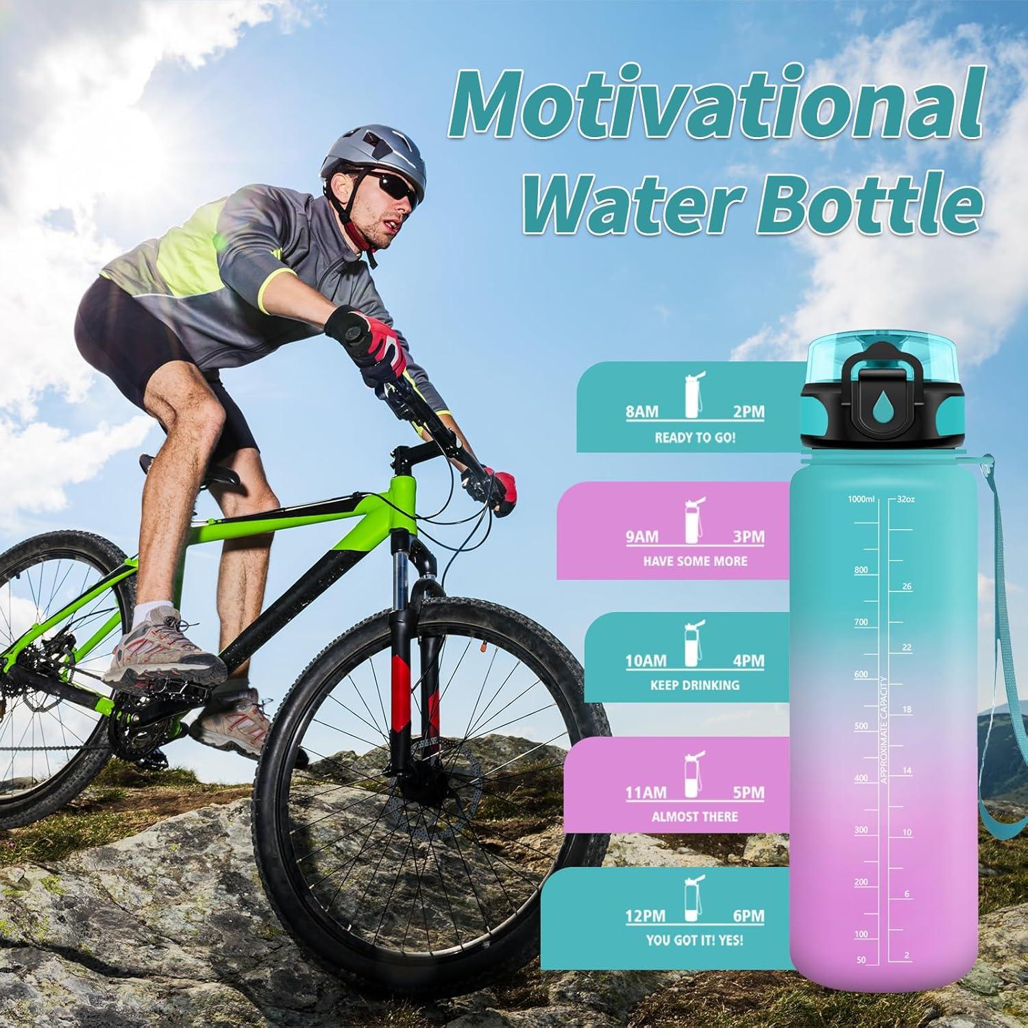 image:imageGourde Sport 1L Gourde Gym sans BPA tanche et Rutilisable Bouteille deau avec Marqueur de Temps et Filtre Gourdes pour Enfant Adulte Garon Fille lcole Camping Gym Sport Yoga32oz1000ml Vert Rose Clair