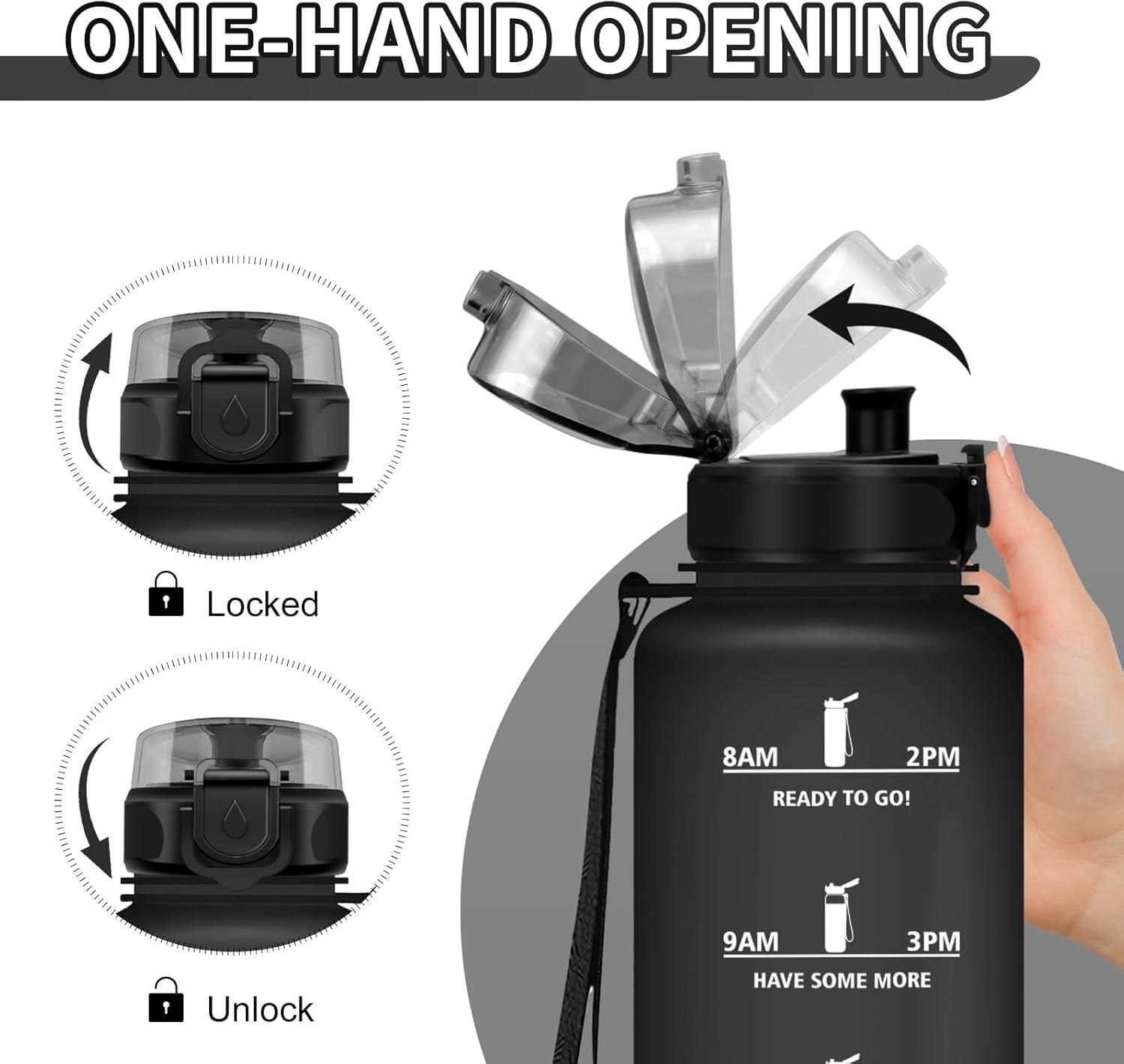 image:imageGourde Sport 1L Gourde Gym sans BPA tanche et Rutilisable Bouteille deau avec Marqueur de Temps et Filtre Gourdes pour Enfant Adulte Garon Fille lcole Camping Gym Sport Yoga50oz1500ml Mat Noir