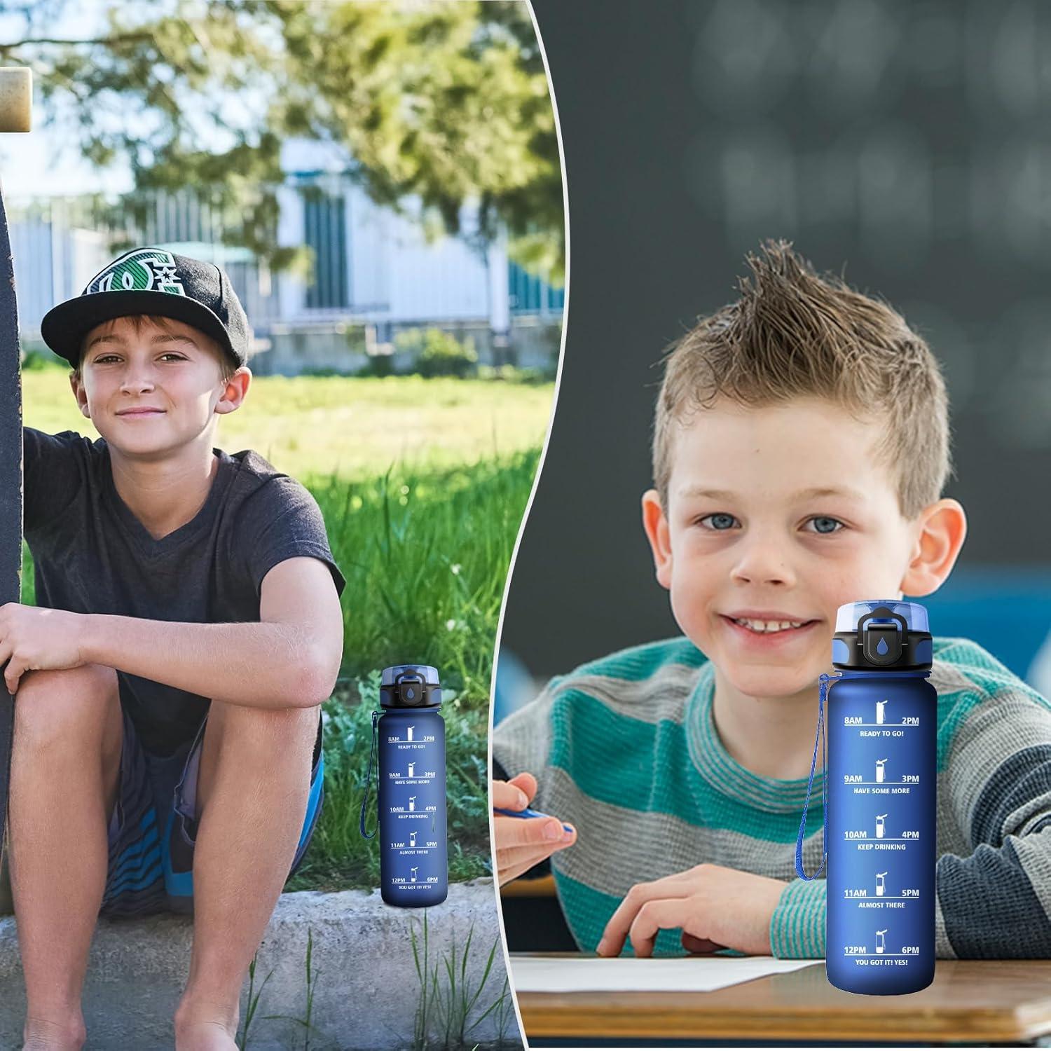 image:imageGourde Sport 1L Gourde Gym sans BPA tanche et Rutilisable Bouteille deau avec Marqueur de Temps et Filtre Gourdes pour Enfant Adulte Garon Fille lcole Camping Gym Sport Yoga17oz500ml Mat Marine Bleu