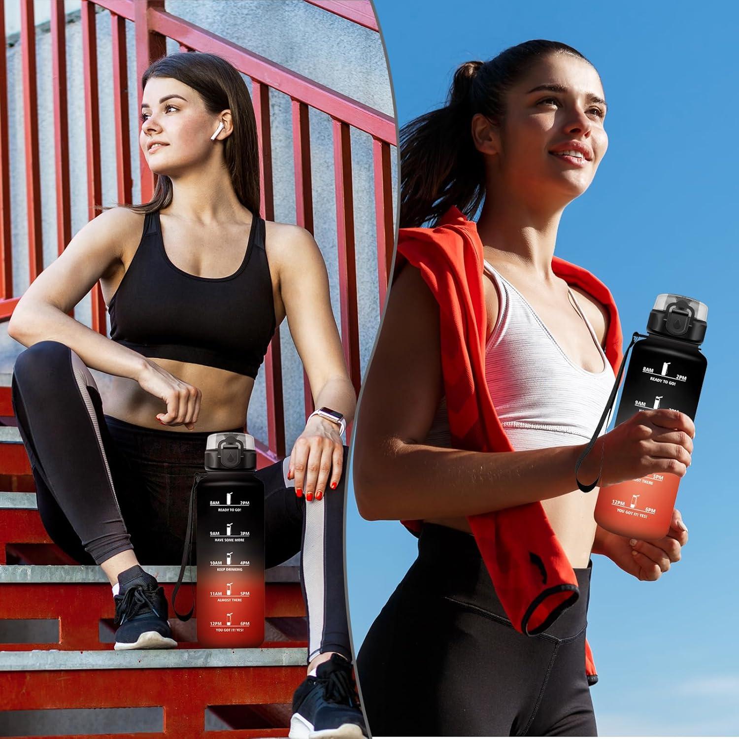 image:imageGourde Sport 1L Gourde Gym sans BPA tanche et Rutilisable Bouteille deau avec Marqueur de Temps et Filtre Gourdes pour Enfant Adulte Garon Fille lcole Camping Gym Sport Yoga50oz1500ml Noir Rouge