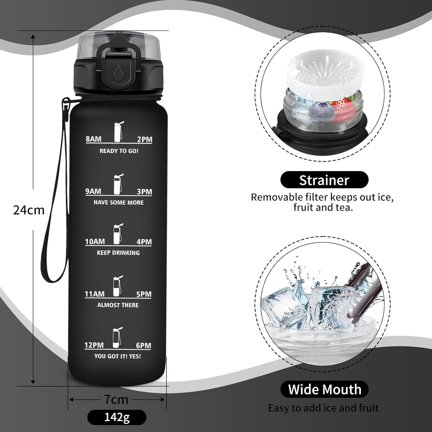 image:imageGourde Sport 1L Gourde Gym sans BPA tanche et Rutilisable Bouteille deau avec Marqueur de Temps et Filtre Gourdes pour Enfant Adulte Garon Fille lcole Camping Gym Sport Yoga17oz500ml Mat Noir