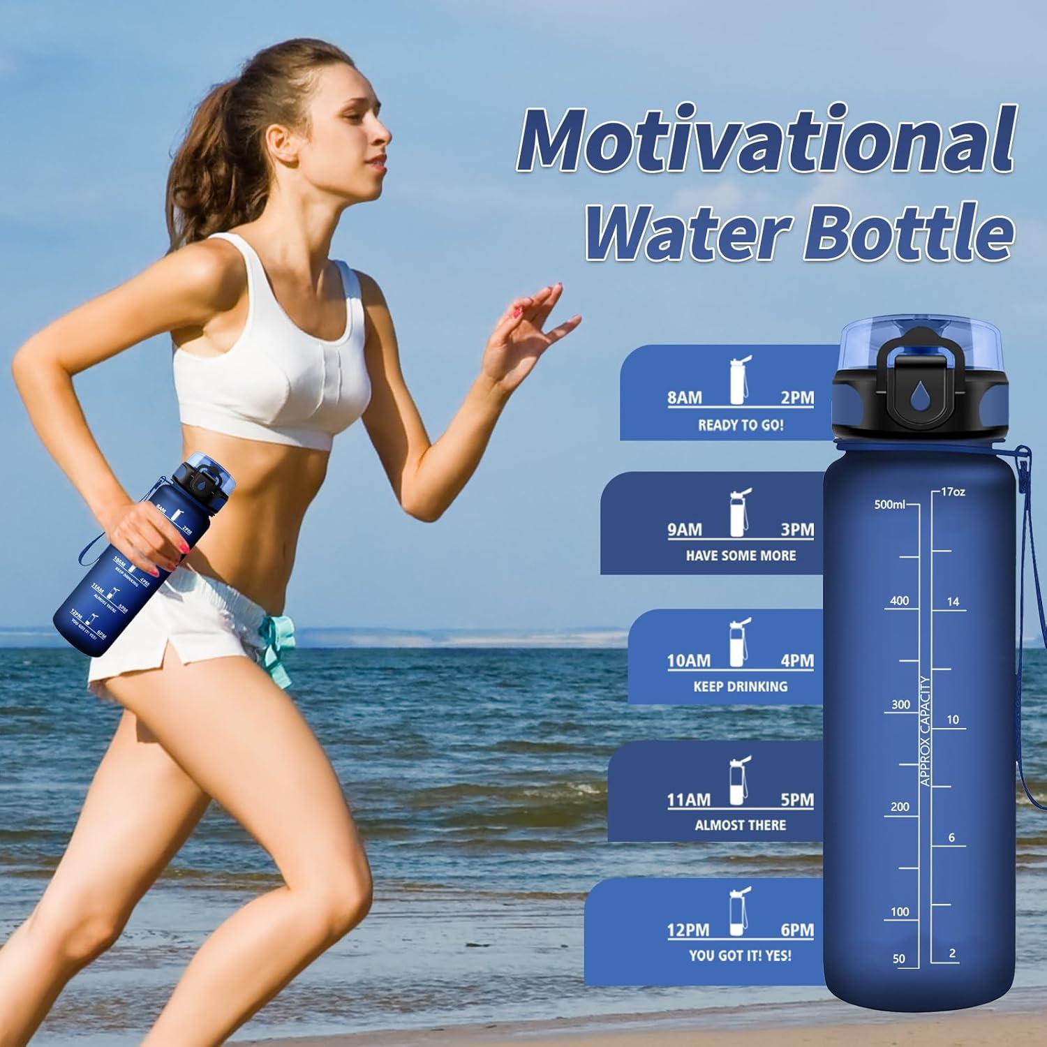 image:imageGourde Sport 1L Gourde Gym sans BPA tanche et Rutilisable Bouteille deau avec Marqueur de Temps et Filtre Gourdes pour Enfant Adulte Garon Fille lcole Camping Gym Sport Yoga17oz500ml Mat Marine Bleu