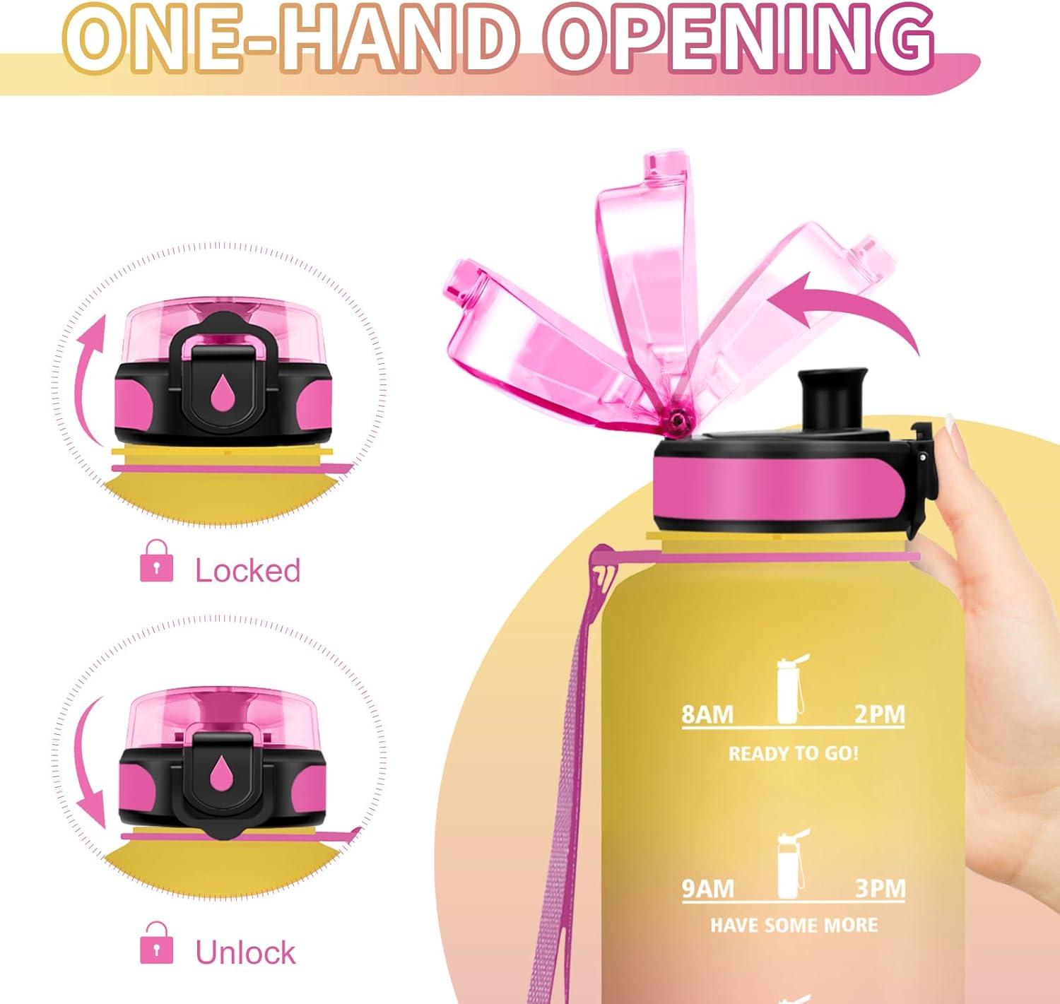 image:imageGourde Sport 1L Gourde Gym sans BPA tanche et Rutilisable Bouteille deau avec Marqueur de Temps et Filtre Gourdes pour Enfant Adulte Garon Fille lcole Camping Gym Sport Yoga50oz1500ml Jaune Rose