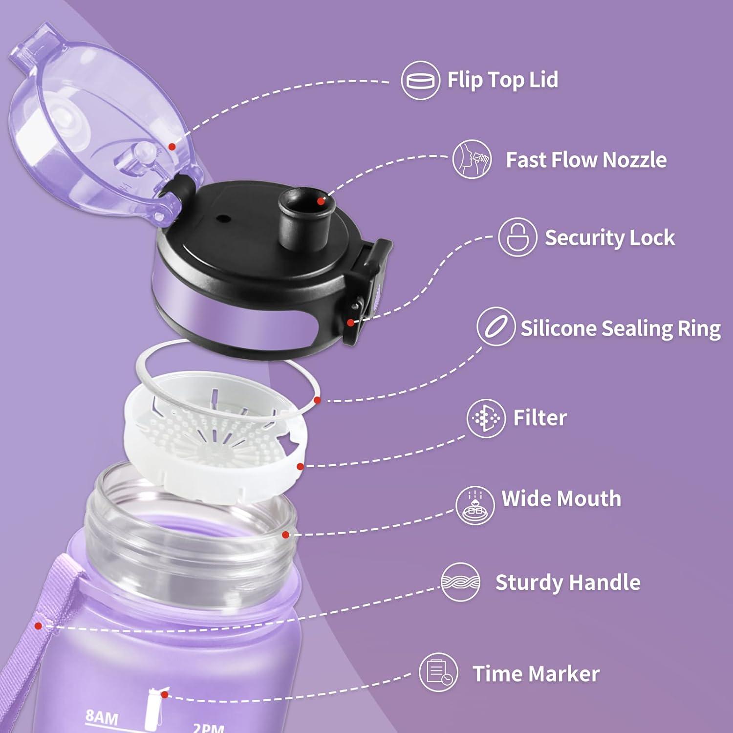 image:imageGourde Sport 1L Gourde Gym sans BPA tanche et Rutilisable Bouteille deau avec Marqueur de Temps et Filtre Gourdes pour Enfant Adulte Garon Fille lcole Camping Gym Sport Yoga32oz1000ml Mat Violet Clair