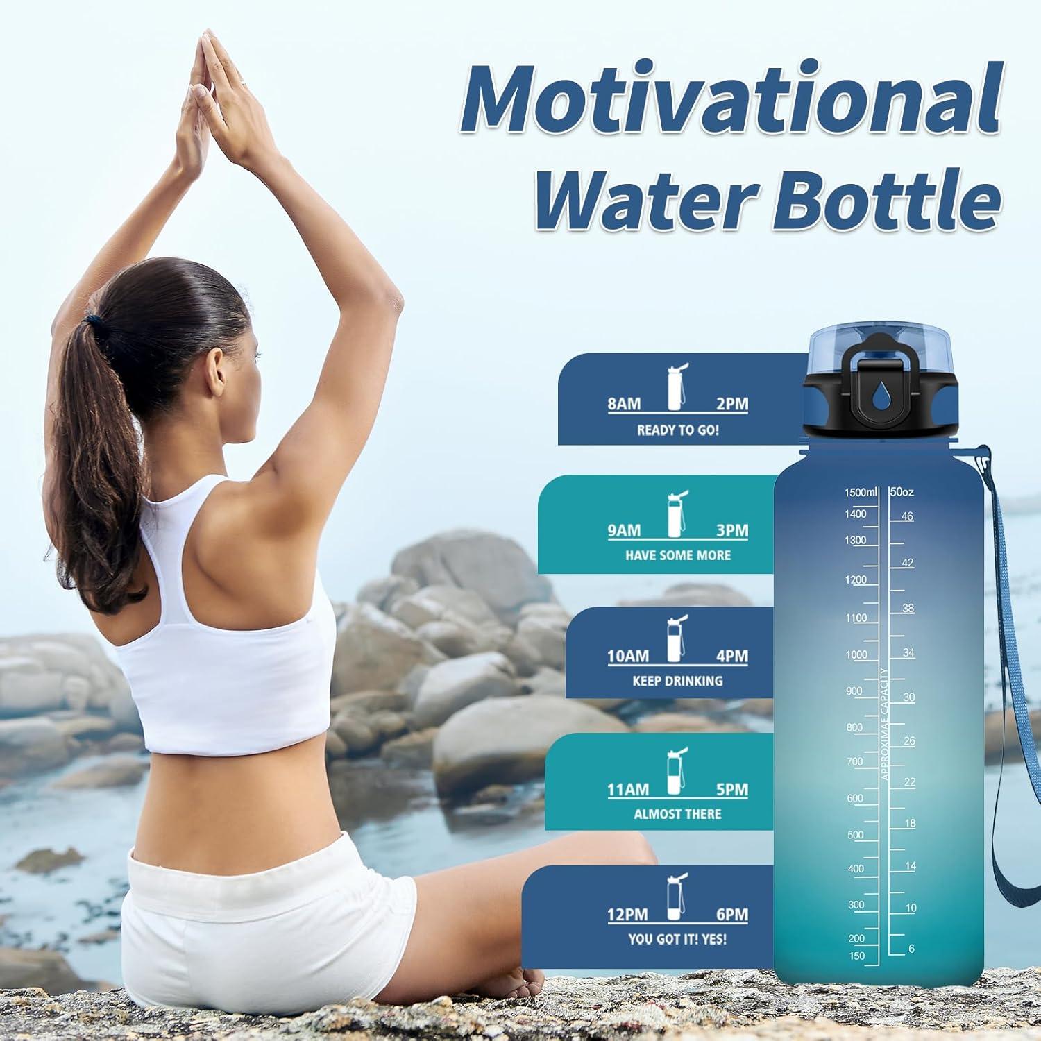 image:imageGourde Sport 1L Gourde Gym sans BPA tanche et Rutilisable Bouteille deau avec Marqueur de Temps et Filtre Gourdes pour Enfant Adulte Garon Fille lcole Camping Gym Sport Yoga50oz1500ml Bleu Vert