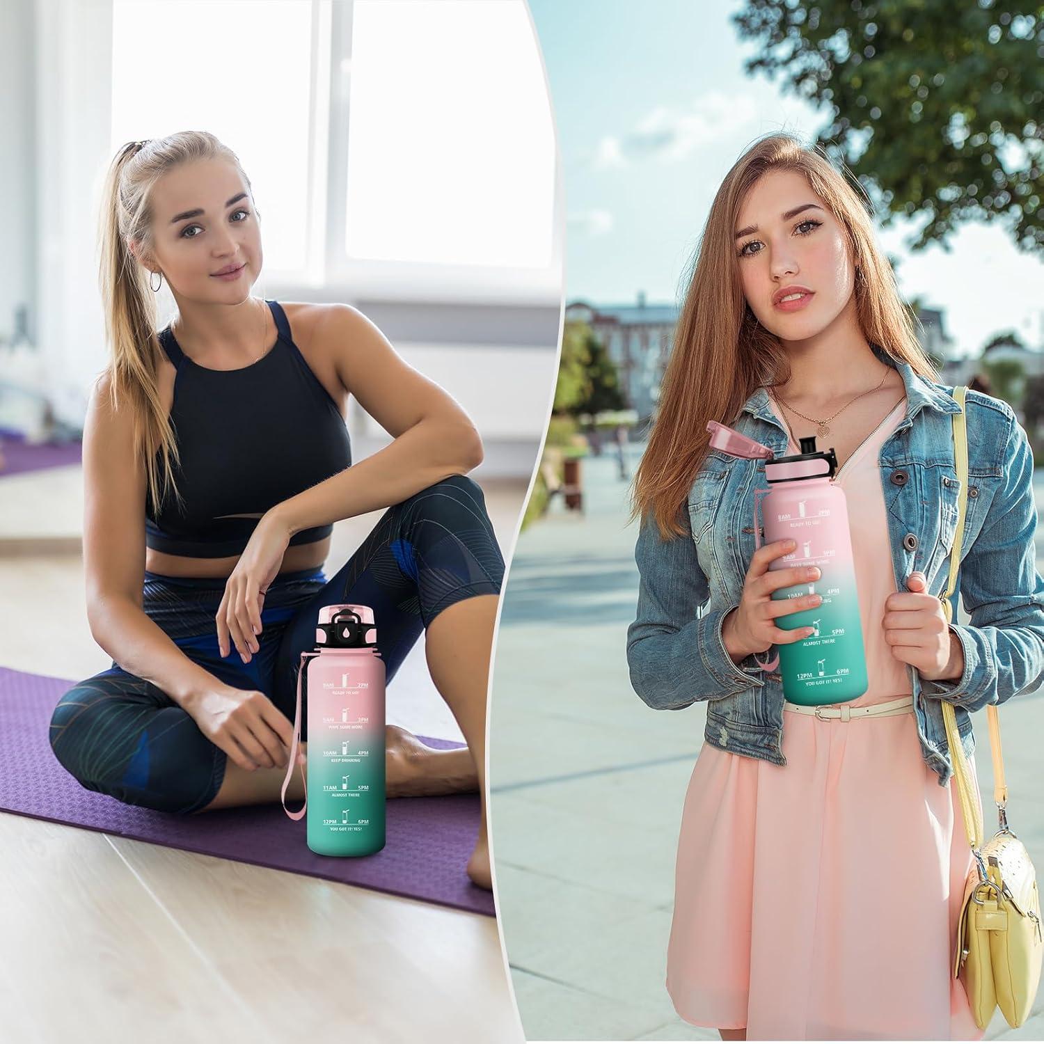 image:imageGourde Sport 1L Gourde Gym sans BPA tanche et Rutilisable Bouteille deau avec Marqueur de Temps et Filtre Gourdes pour Enfant Adulte Garon Fille lcole Camping Gym Sport Yoga50oz1500ml Rose Cyan