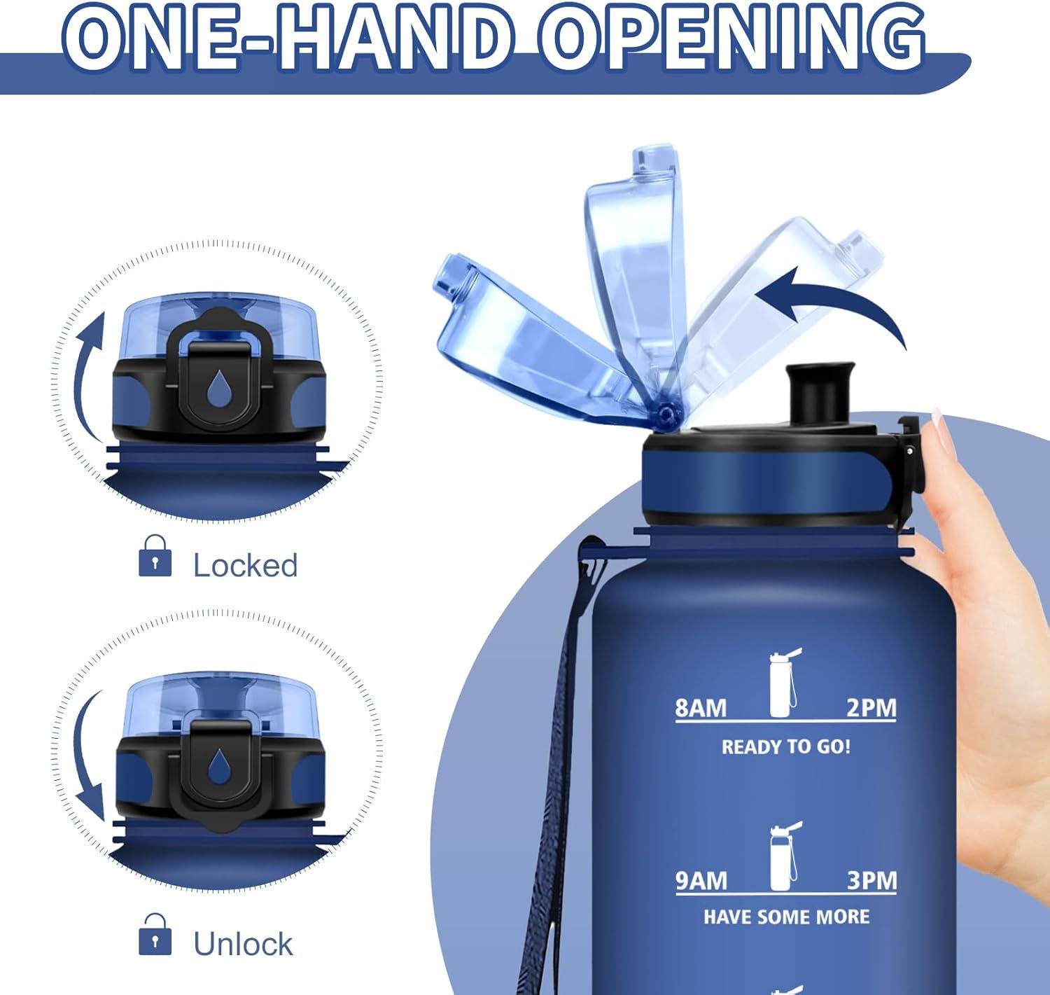 image:imageGourde Sport 1L Gourde Gym sans BPA tanche et Rutilisable Bouteille deau avec Marqueur de Temps et Filtre Gourdes pour Enfant Adulte Garon Fille lcole Camping Gym Sport Yoga50oz1500ml Mat Marine Bleu