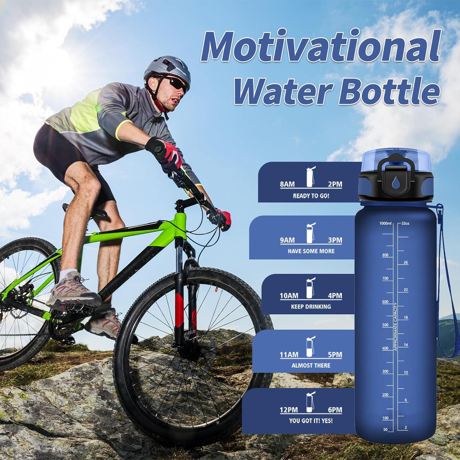 image:imageGourde Sport 1L Gourde Gym sans BPA tanche et Rutilisable Bouteille deau avec Marqueur de Temps et Filtre Gourdes pour Enfant Adulte Garon Fille lcole Camping Gym Sport Yoga32oz1000ml Mat Marine Bleu