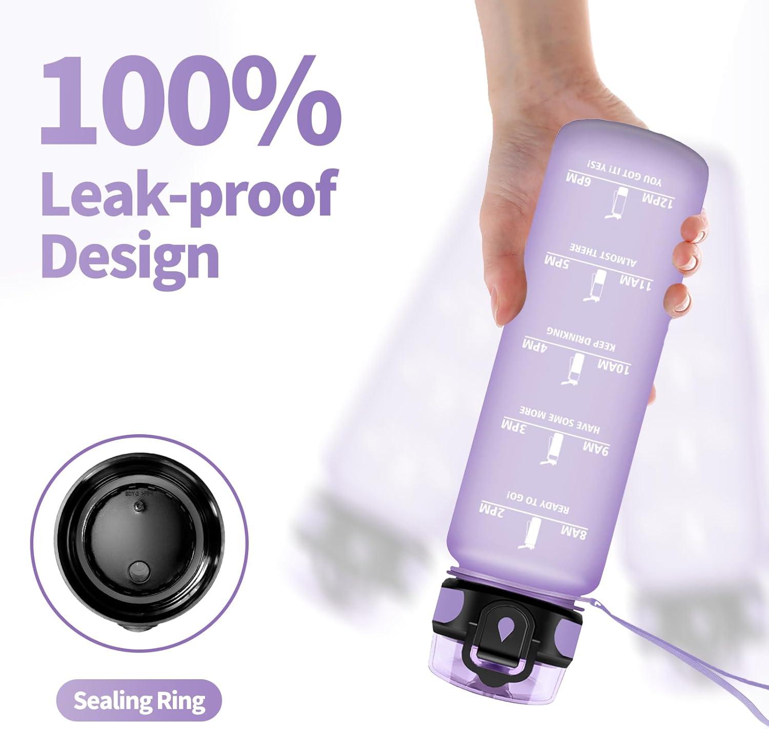 image:imageGourde Sport 1L Gourde Gym sans BPA tanche et Rutilisable Bouteille deau avec Marqueur de Temps et Filtre Gourdes pour Enfant Adulte Garon Fille lcole Camping Gym Sport Yoga32oz1000ml Mat Violet Clair