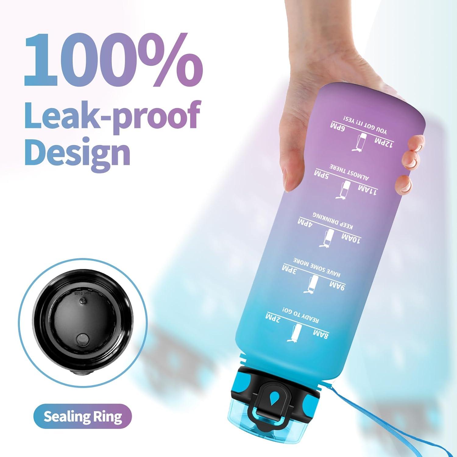 image:imageGourde Sport 1L Gourde Gym sans BPA tanche et Rutilisable Bouteille deau avec Marqueur de Temps et Filtre Gourdes pour Enfant Adulte Garon Fille lcole Camping Gym Sport Yoga50oz1500ml Bleu Lilas