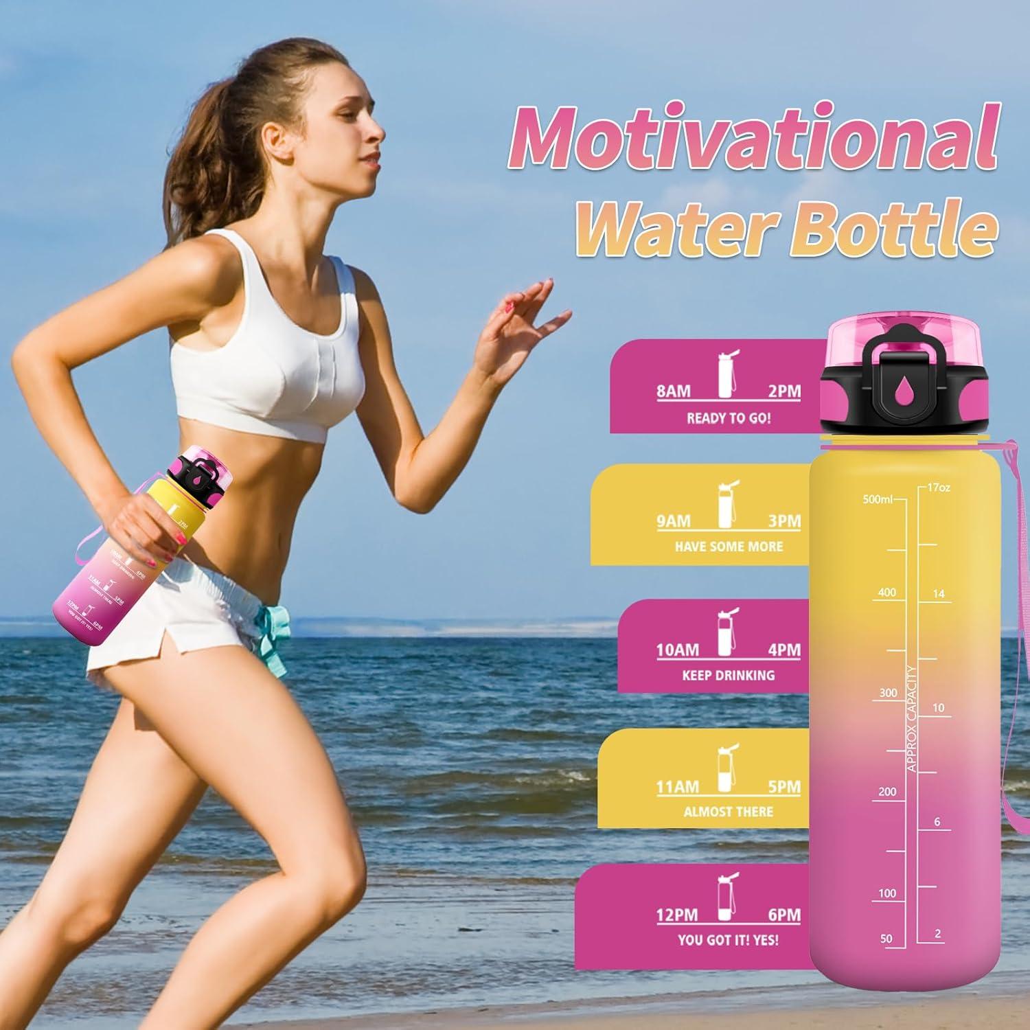 image:imageGourde Sport 1L Gourde Gym sans BPA tanche et Rutilisable Bouteille deau avec Marqueur de Temps et Filtre Gourdes pour Enfant Adulte Garon Fille lcole Camping Gym Sport Yoga17oz500ml Jaune Rose