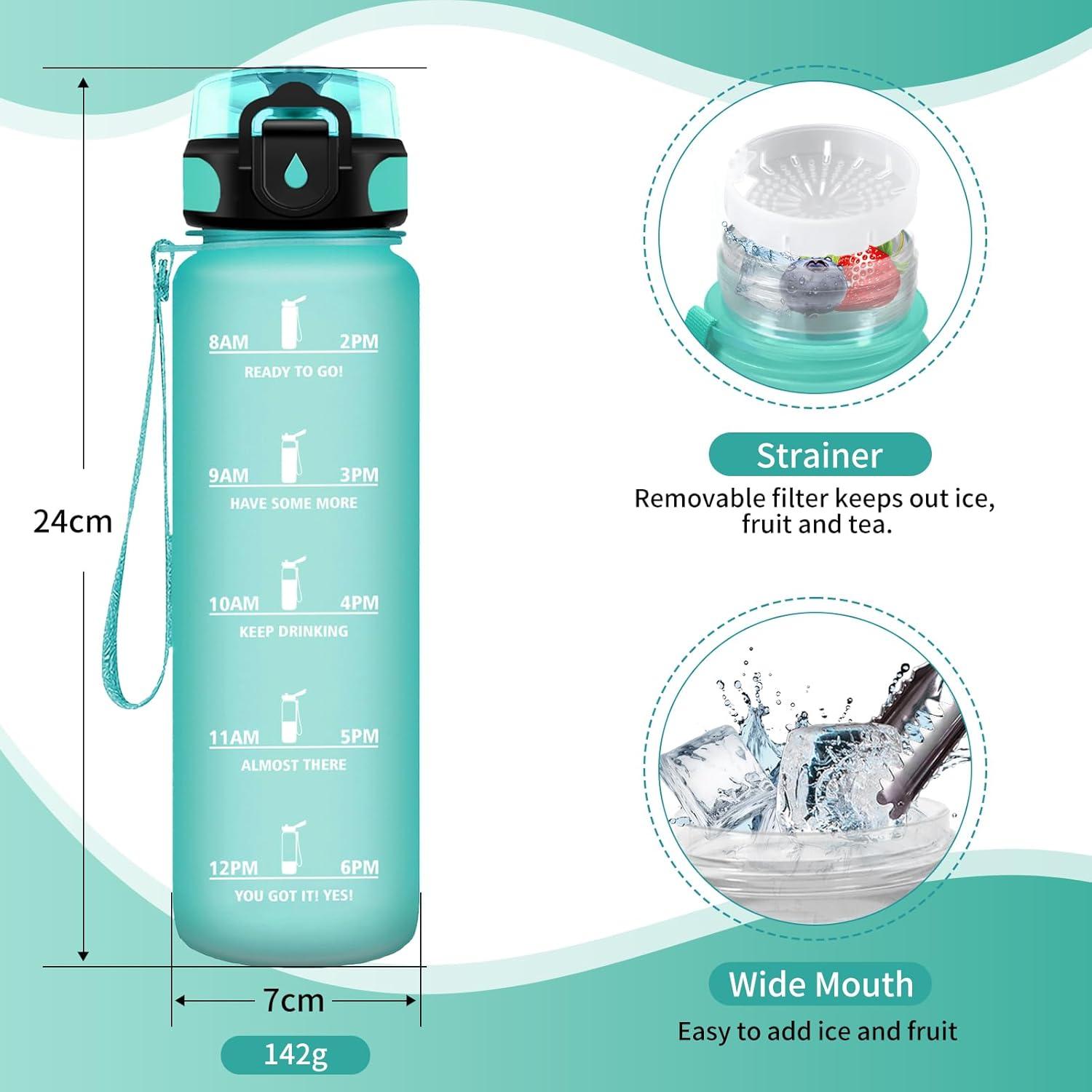 image:imageGourde Sport 1L Gourde Gym sans BPA tanche et Rutilisable Bouteille deau avec Marqueur de Temps et Filtre Gourdes pour Enfant Adulte Garon Fille lcole Camping Gym Sport Yoga17oz500ml Mat Bleuvert