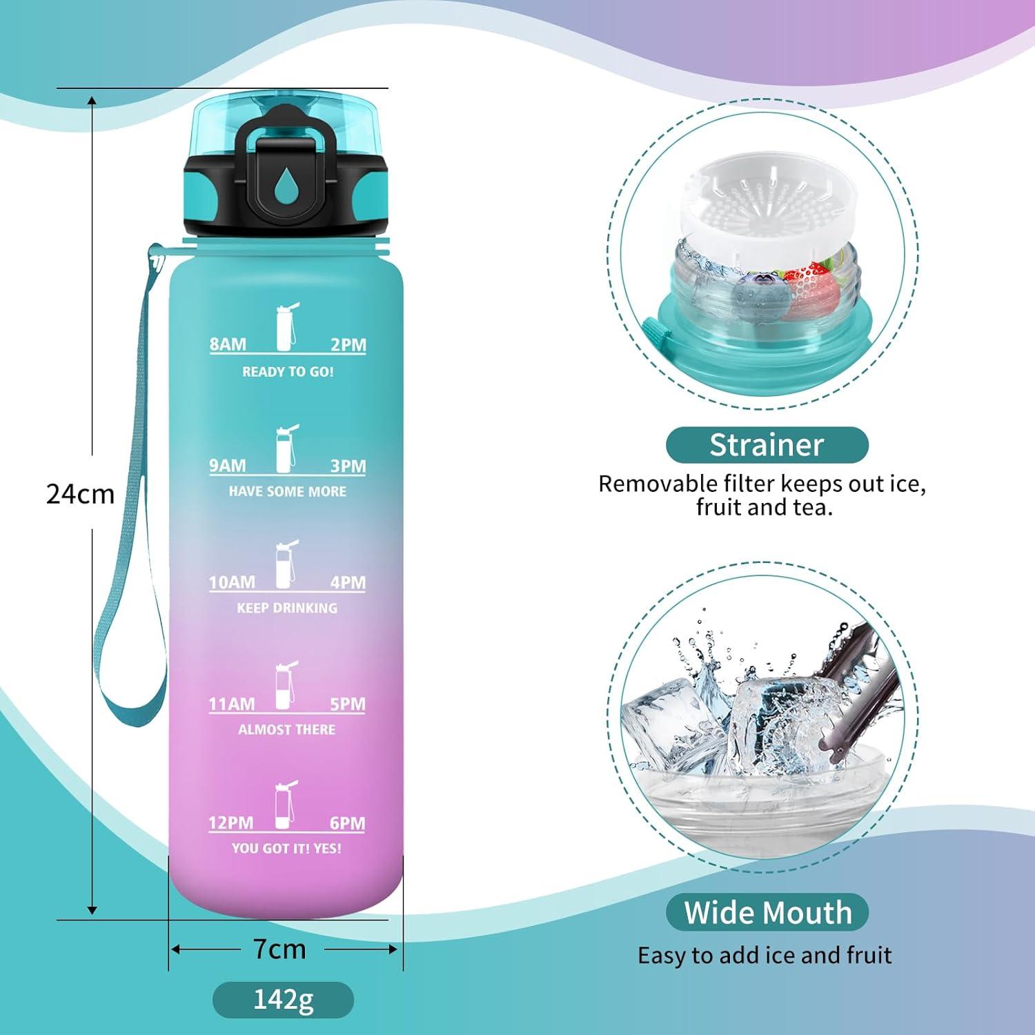 image:imageGourde Sport 1L Gourde Gym sans BPA tanche et Rutilisable Bouteille deau avec Marqueur de Temps et Filtre Gourdes pour Enfant Adulte Garon Fille lcole Camping Gym Sport Yoga17oz500ml Vert Rose Clair