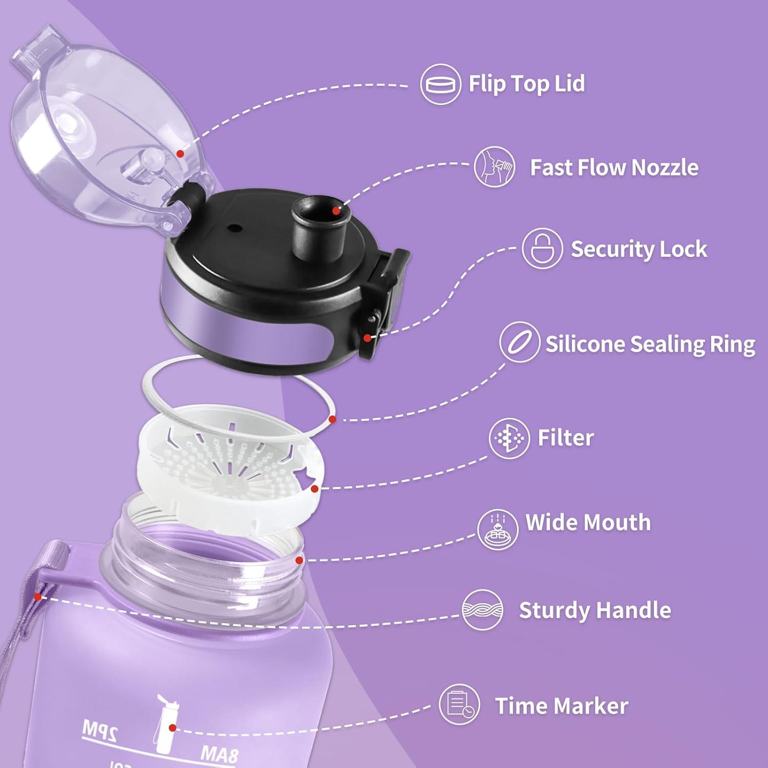 image:imageGourde Sport 1L Gourde Gym sans BPA tanche et Rutilisable Bouteille deau avec Marqueur de Temps et Filtre Gourdes pour Enfant Adulte Garon Fille lcole Camping Gym Sport Yoga50oz1500ml Mat Violet Clair