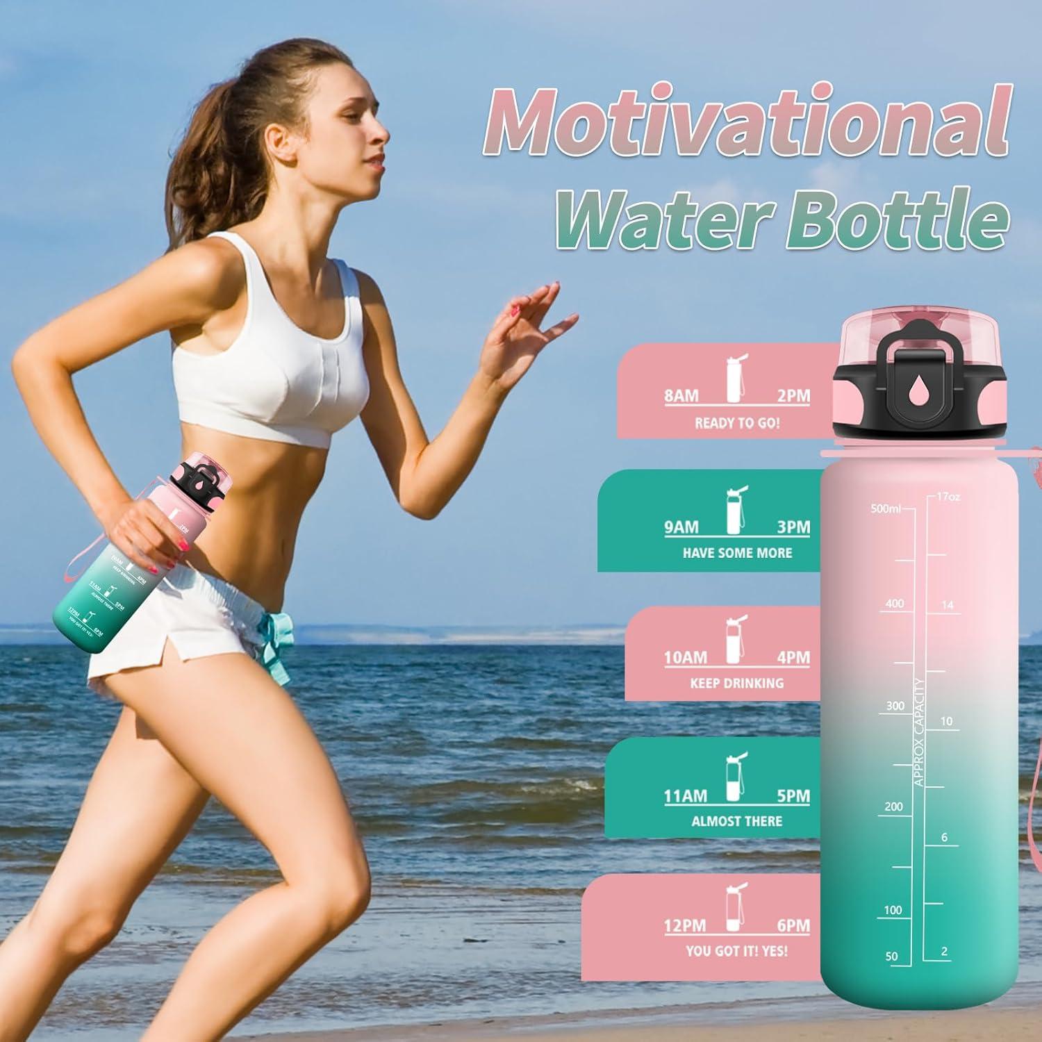 image:imageGourde Sport 1L Gourde Gym sans BPA tanche et Rutilisable Bouteille deau avec Marqueur de Temps et Filtre Gourdes pour Enfant Adulte Garon Fille lcole Camping Gym Sport Yoga17oz500ml Rose Cyan
