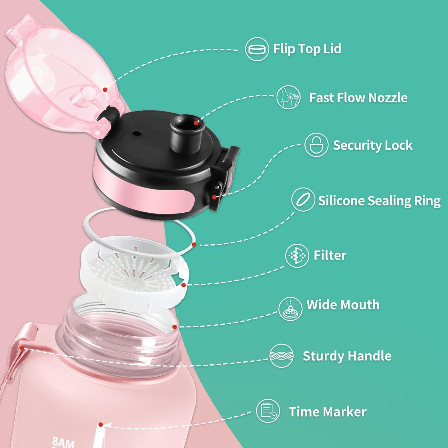 image:imageGourde Sport 1L Gourde Gym sans BPA tanche et Rutilisable Bouteille deau avec Marqueur de Temps et Filtre Gourdes pour Enfant Adulte Garon Fille lcole Camping Gym Sport Yoga50oz1500ml Rose Cyan
