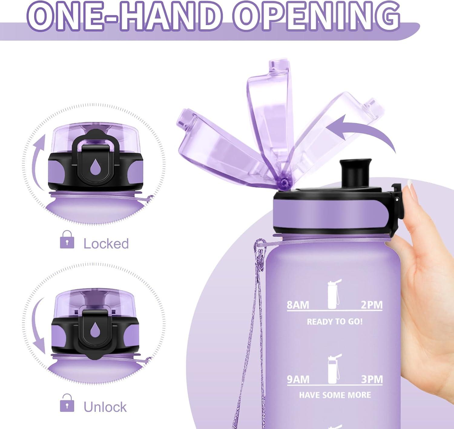 image:imageGourde Sport 1L Gourde Gym sans BPA tanche et Rutilisable Bouteille deau avec Marqueur de Temps et Filtre Gourdes pour Enfant Adulte Garon Fille lcole Camping Gym Sport Yoga32oz1000ml Mat Violet Clair