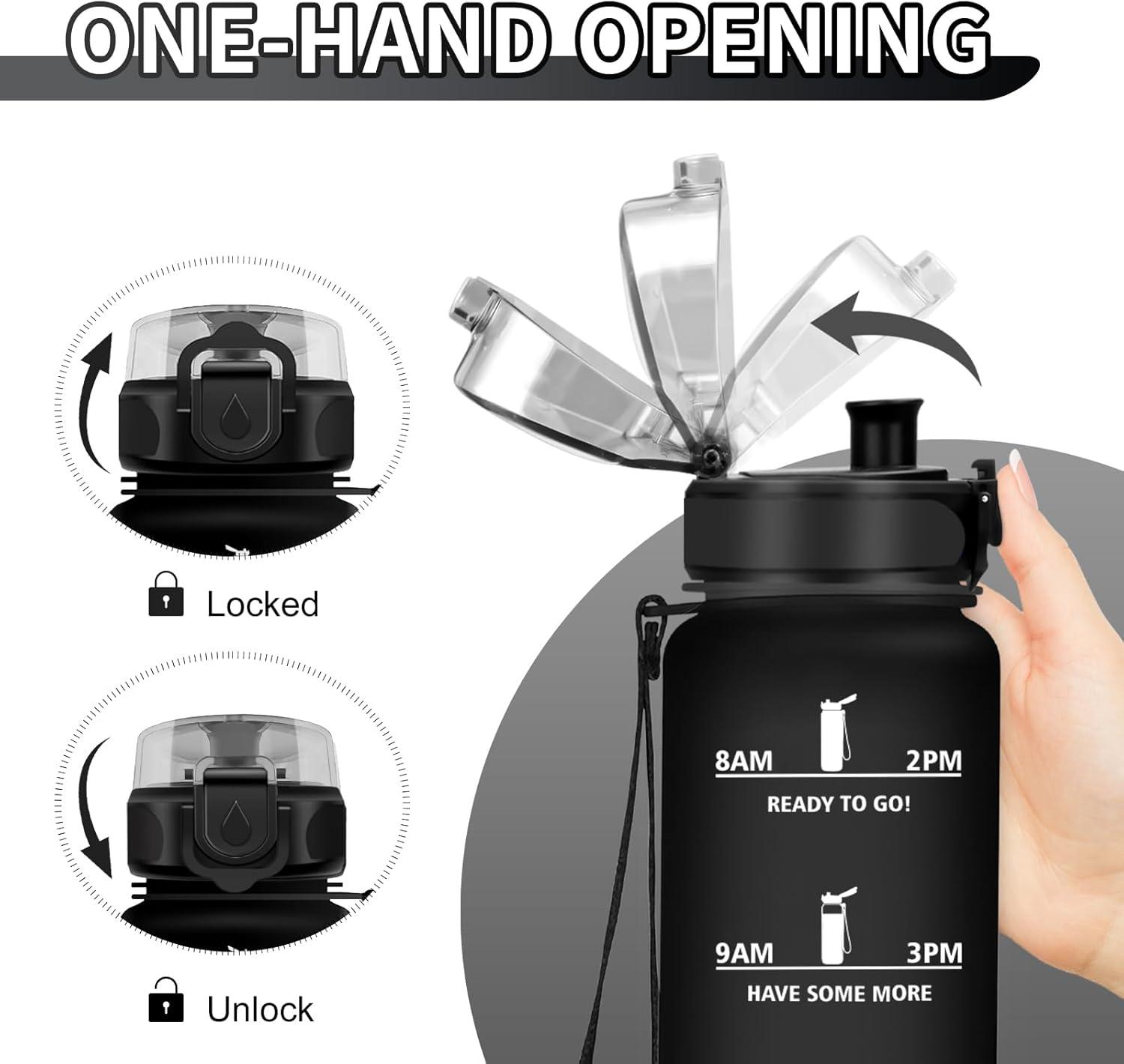 image:imageGourde Sport 1L Gourde Gym sans BPA tanche et Rutilisable Bouteille deau avec Marqueur de Temps et Filtre Gourdes pour Enfant Adulte Garon Fille lcole Camping Gym Sport Yoga17oz500ml Mat Noir