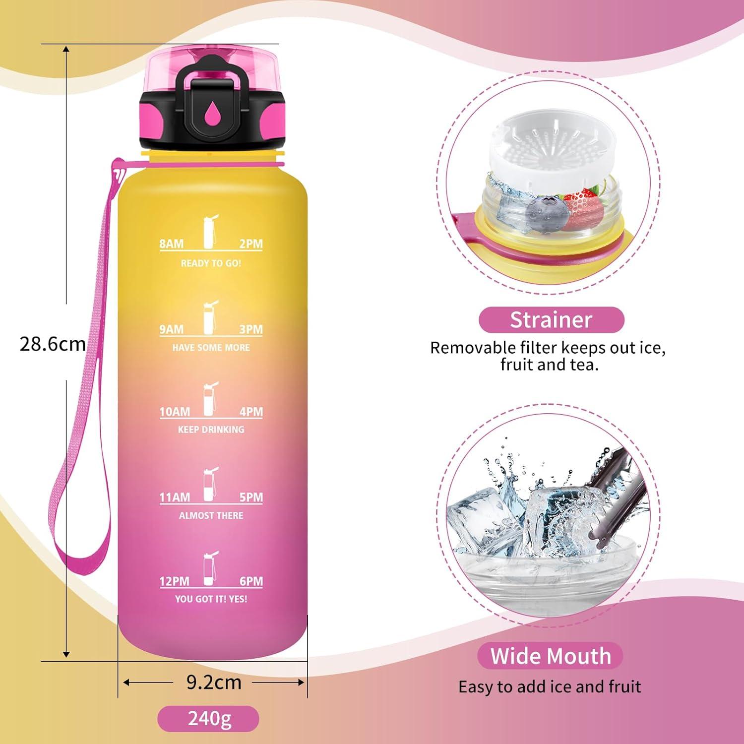 image:imageGourde Sport 1L Gourde Gym sans BPA tanche et Rutilisable Bouteille deau avec Marqueur de Temps et Filtre Gourdes pour Enfant Adulte Garon Fille lcole Camping Gym Sport Yoga50oz1500ml Jaune Rose