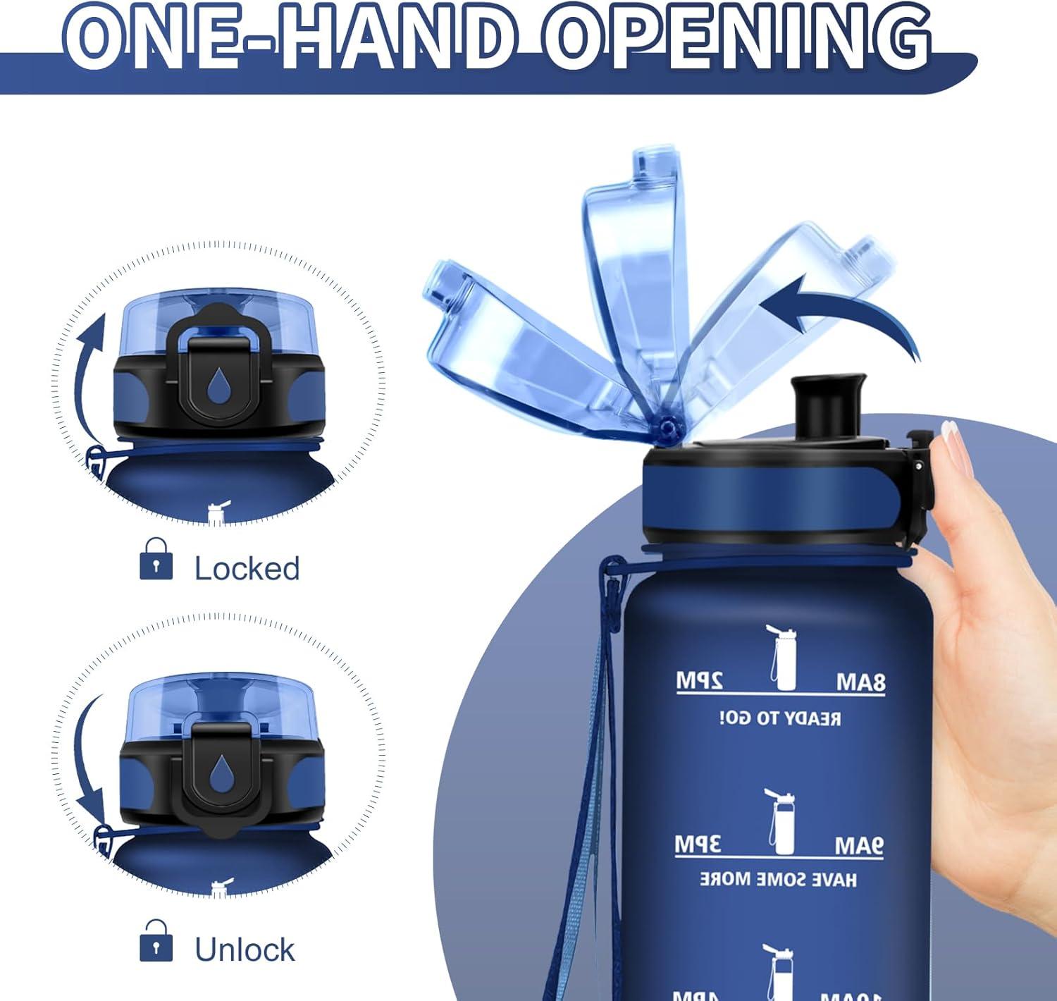 image:imageGourde Sport 1L Gourde Gym sans BPA tanche et Rutilisable Bouteille deau avec Marqueur de Temps et Filtre Gourdes pour Enfant Adulte Garon Fille lcole Camping Gym Sport Yoga17oz500ml Mat Marine Bleu
