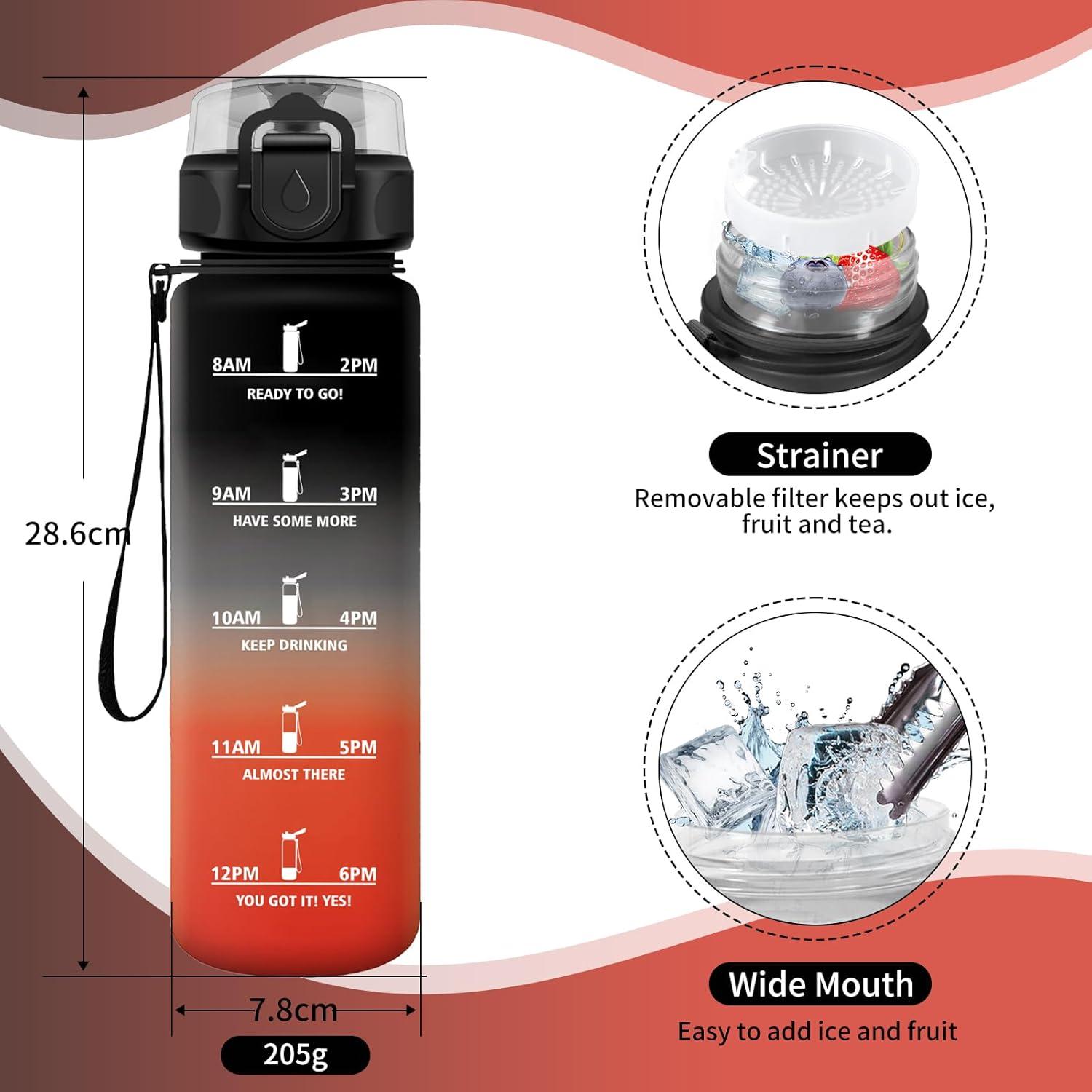 image:imageGourde Sport 1L Gourde Gym sans BPA tanche et Rutilisable Bouteille deau avec Marqueur de Temps et Filtre Gourdes pour Enfant Adulte Garon Fille lcole Camping Gym Sport Yoga32oz1000ml Noir Rouge