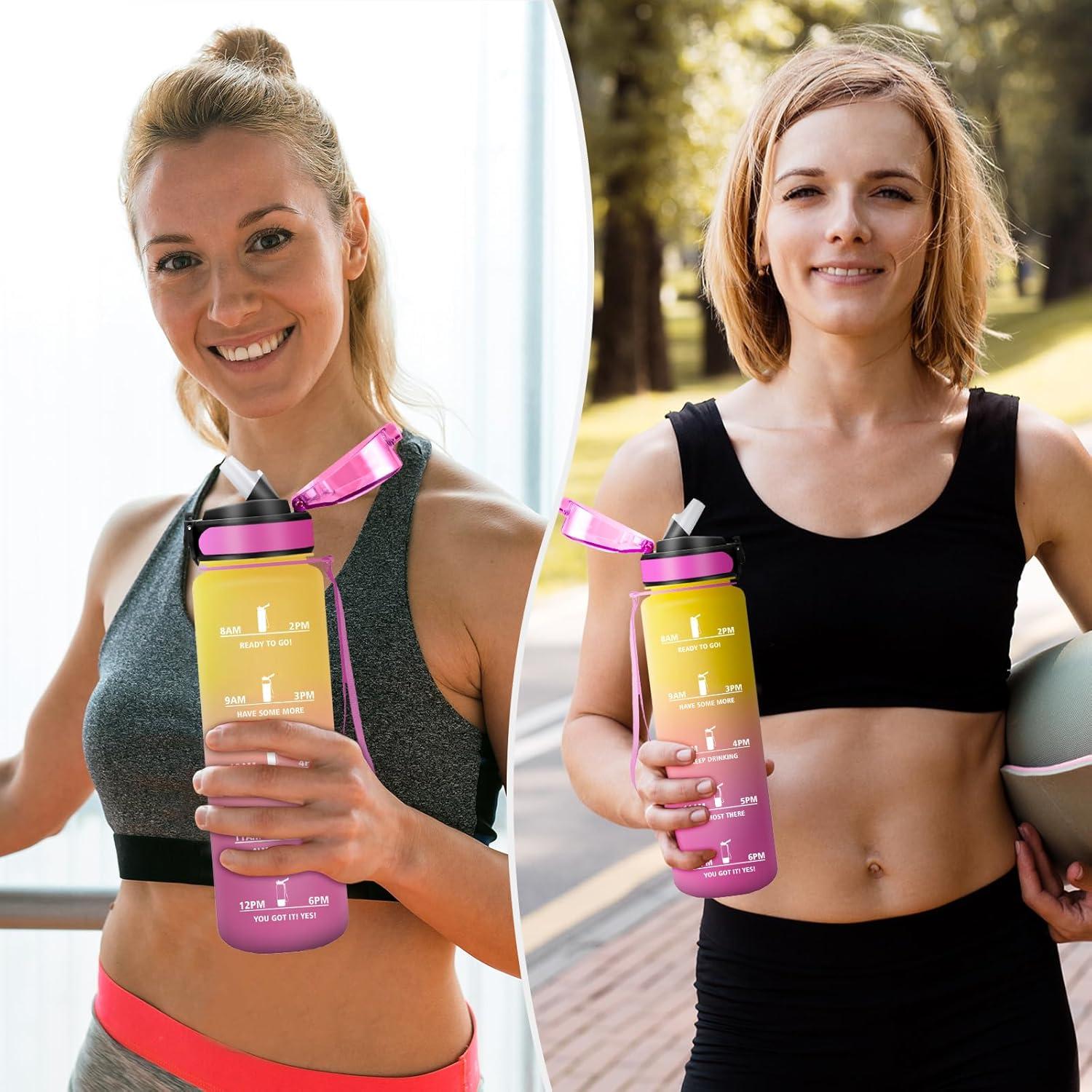 image:imageGourde Sport 1L Gourde Gym sans BPA tanche et Rutilisable Bouteille deau avec Marqueur de Temps et Filtre Gourdes pour Enfant Adulte Garon Fille lcole Camping Gym Sport Yoga32oz1000ml Jaune Rose
