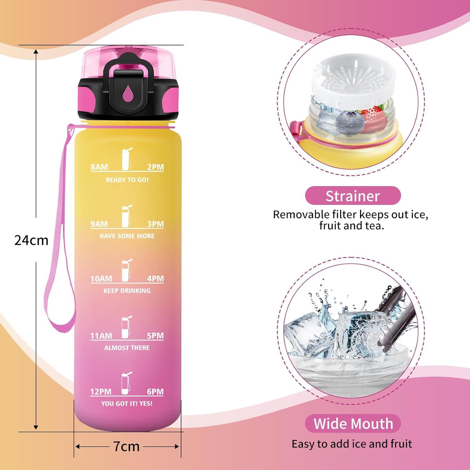 image:imageGourde Sport 1L Gourde Gym sans BPA tanche et Rutilisable Bouteille deau avec Marqueur de Temps et Filtre Gourdes pour Enfant Adulte Garon Fille lcole Camping Gym Sport Yoga17oz500ml Jaune Rose