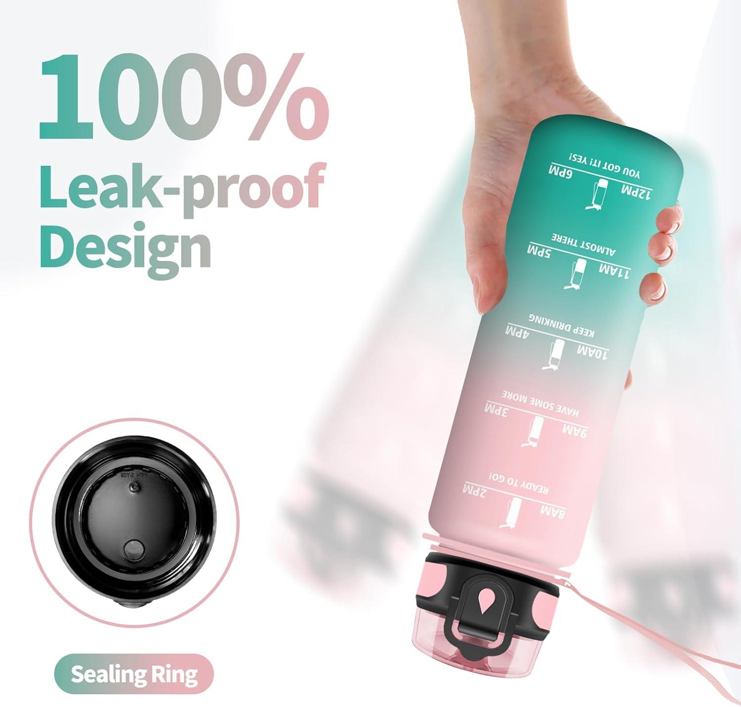 image:imageGourde Sport 1L Gourde Gym sans BPA tanche et Rutilisable Bouteille deau avec Marqueur de Temps et Filtre Gourdes pour Enfant Adulte Garon Fille lcole Camping Gym Sport Yoga32oz1000ml Rose Cyan