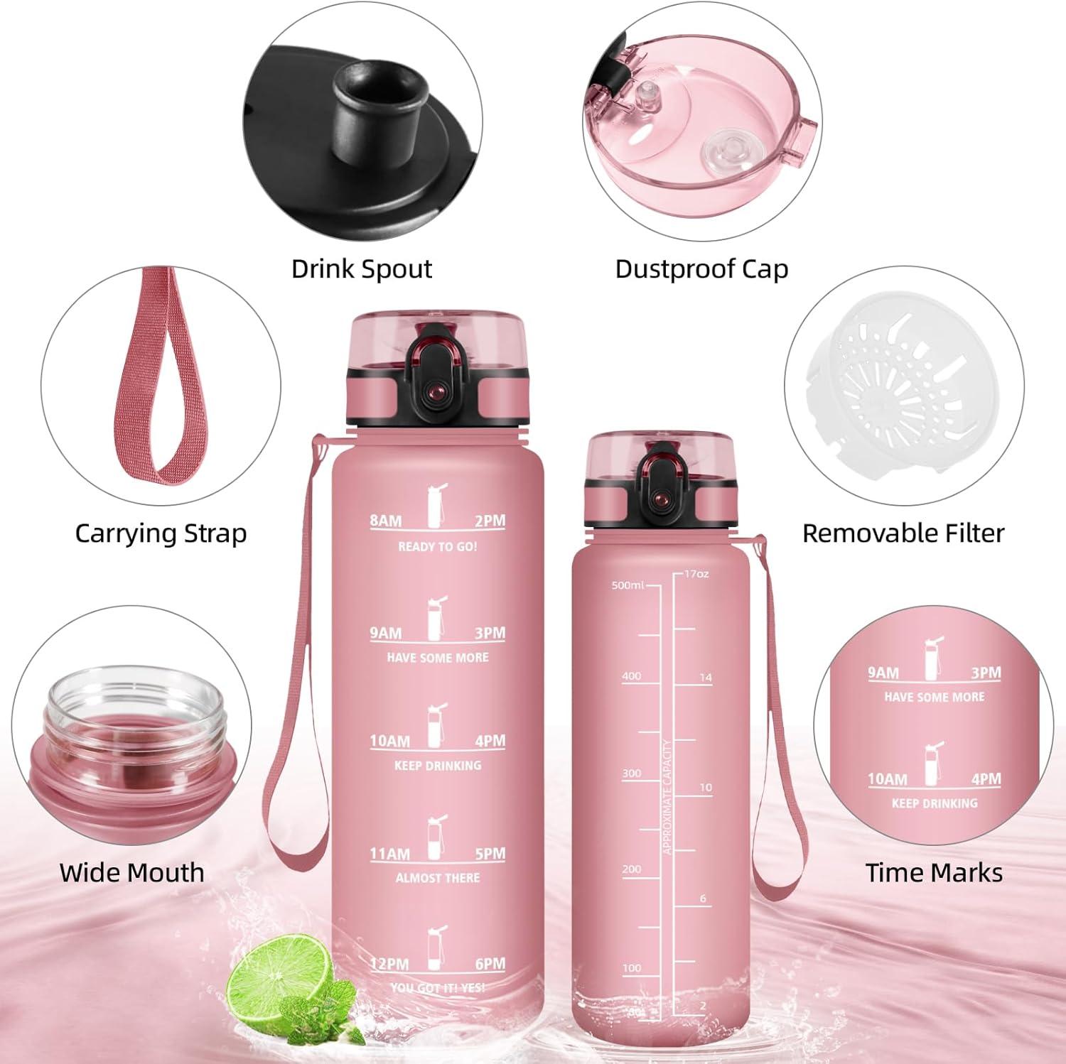 image:imageHoneyHolly Gourde 500ml Gourde Sport Gourde Filtre et Marqueur de Temps Sans BPA Bouteille deau pour Sport Fitness Yoga Lcole Bureau